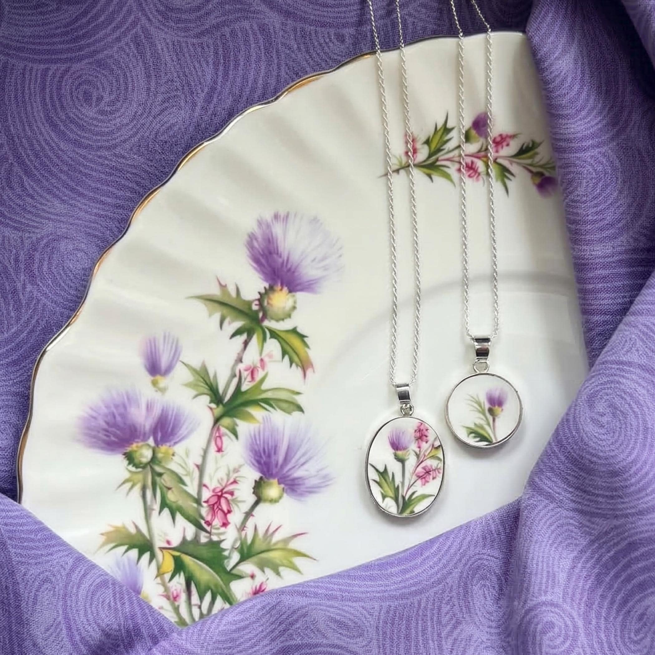 Scottish Thistle Necklace handmade with Sterling Silver & Upcycled China, Thoughtful Birthday Gift of Purple Flower Vintage China Jewelry