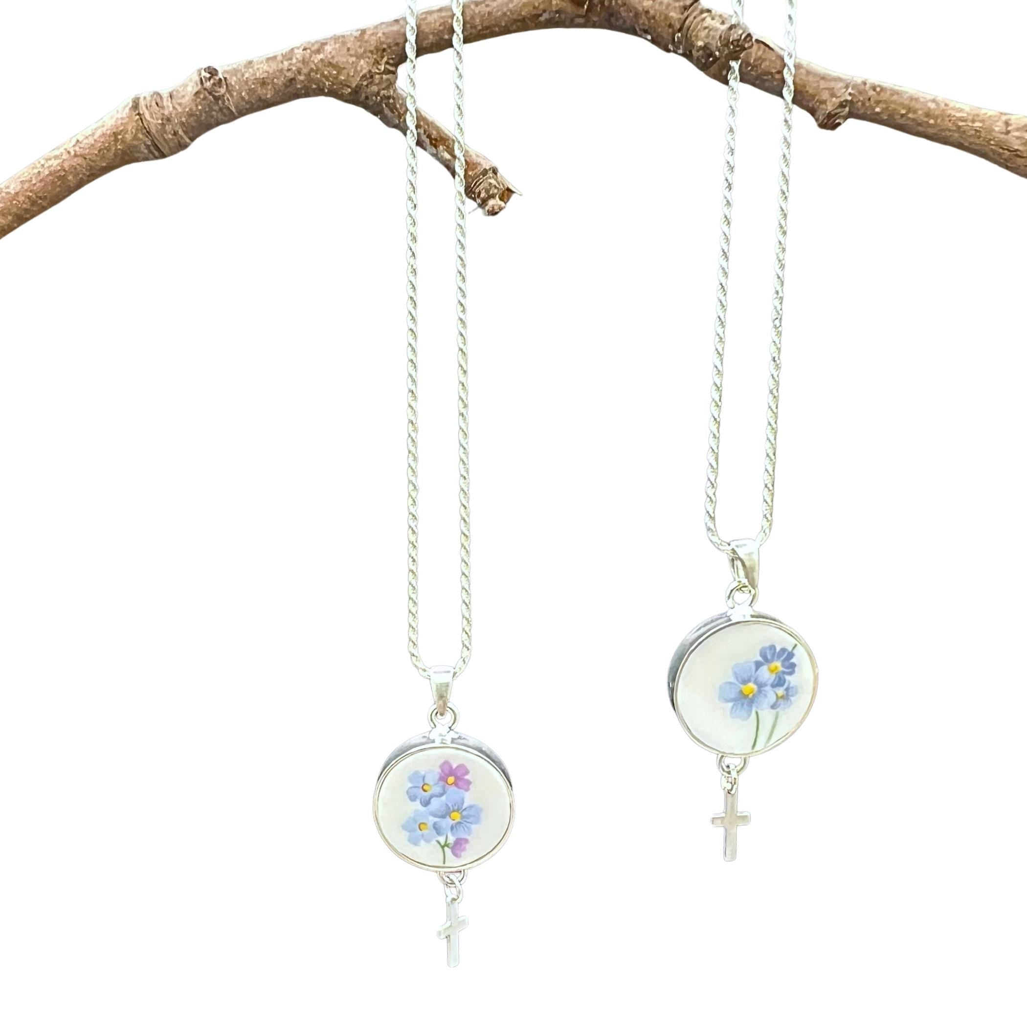 Unique Cross Necklace with Vintage Forget Me Not China Pendant, Dainty Sterling Silver Christian Crucifix China Jewelry Gift for Women