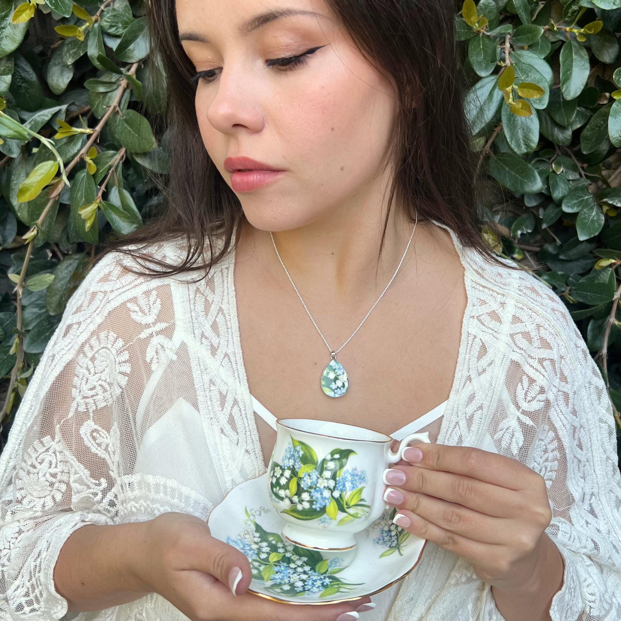 Lily of the Valley Necklace with Royal Albert China, Vintage China Forget Me Not Jewelry Sentimental Mom Gift for Mothers Day May Birthday
