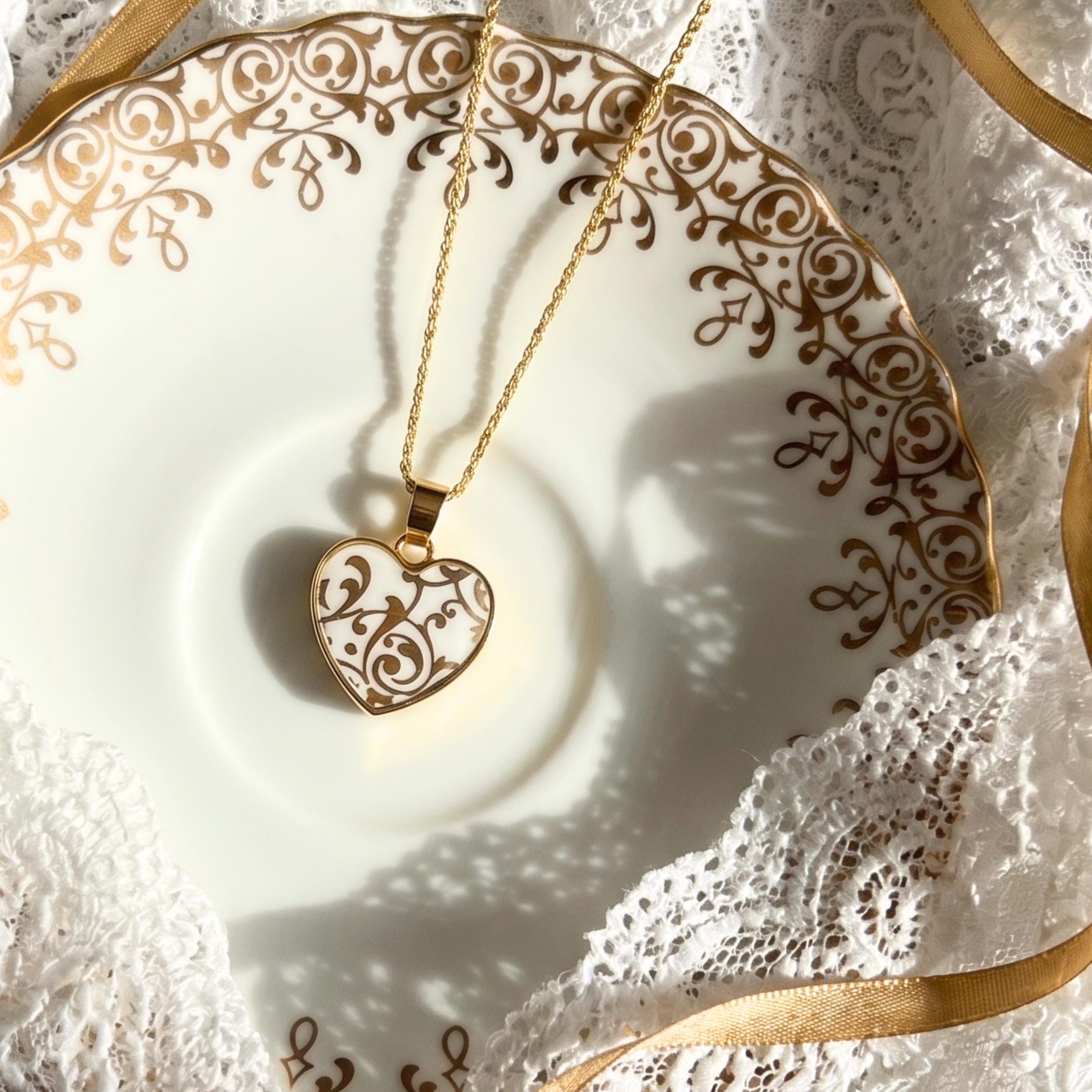 Romantic Gold Heart Porcelain Necklace, Thoughtful 18th Anniversary Gift for Wife, Dainty Broken China Jewelry with Royal Albert China