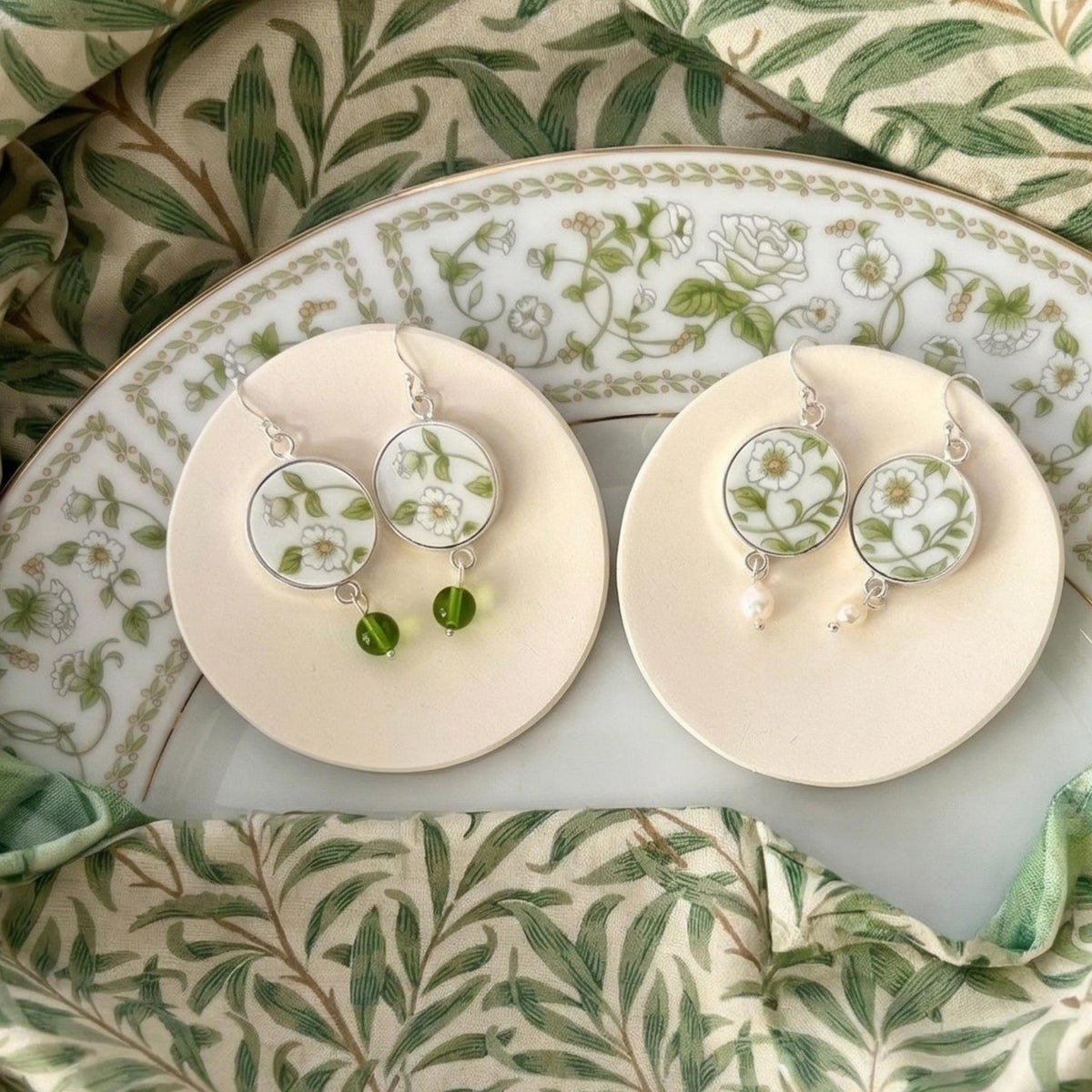 Green Floral Vintage China Jewelry, Ceramic Statement Earrings handmade with Upcycled Porcelain & Sterling Silver, Autumn Birthday Gift