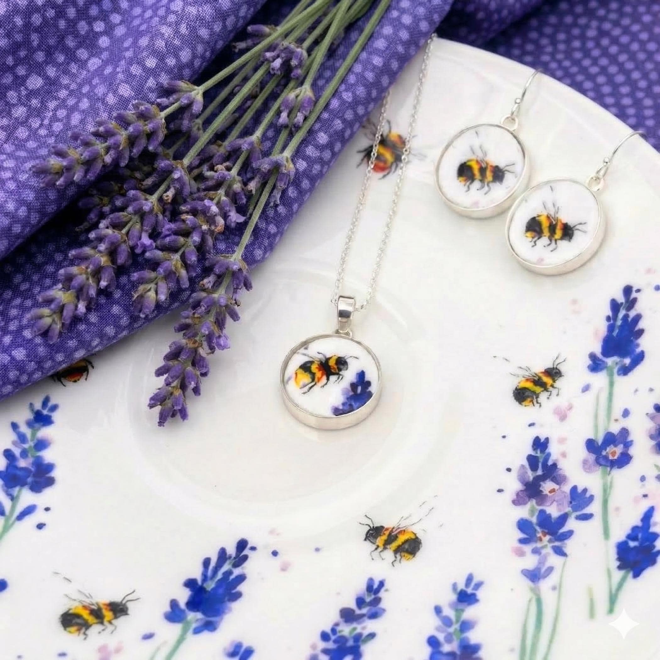 French Lavender Blossom China Earrings handmade with Upcycled Porcelain