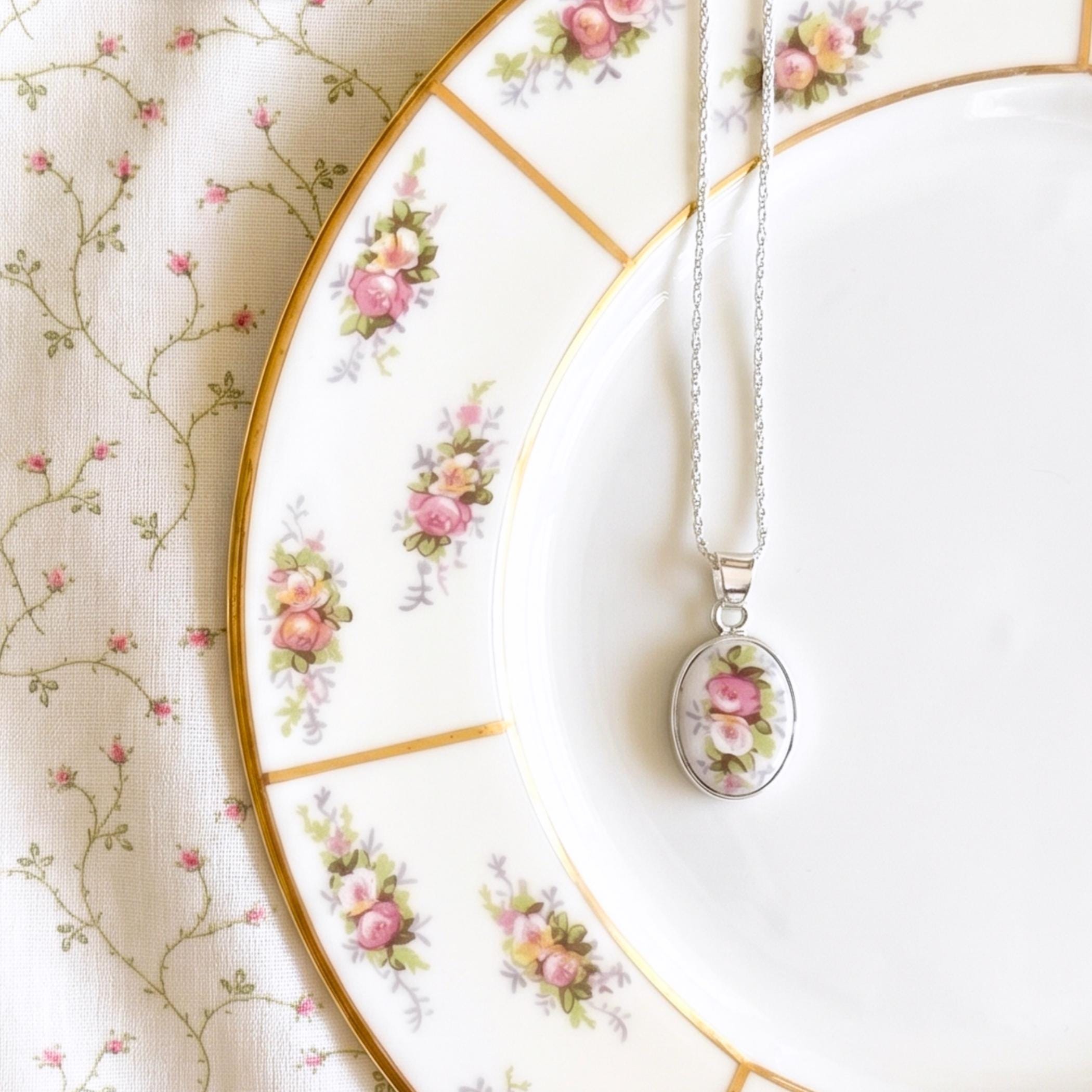 French Limoges China Necklace handmade from an Upcycled China Plate & Sterling Silver