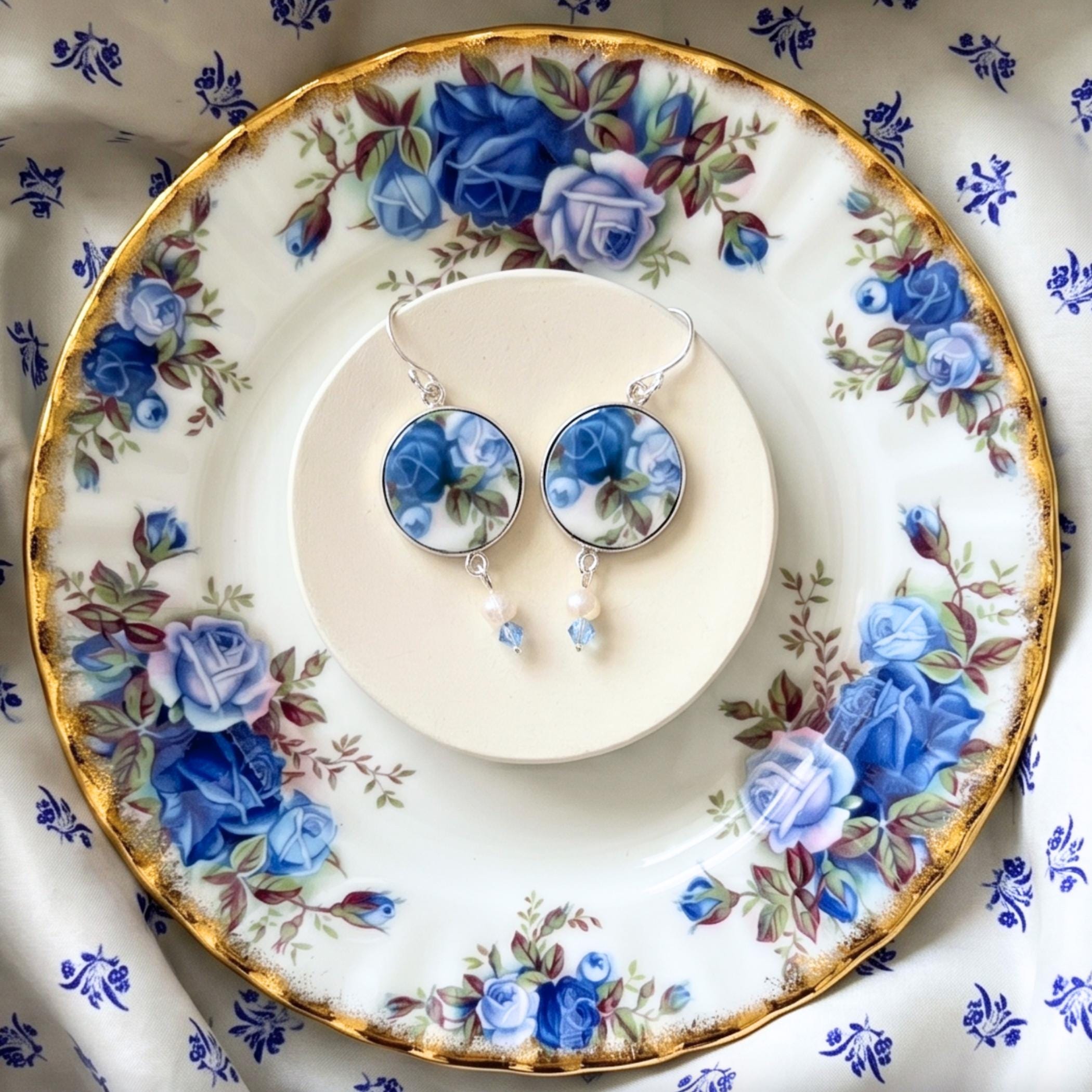 Royal Albert Moonlight Rose China Earrings handmade with Sterling Silver