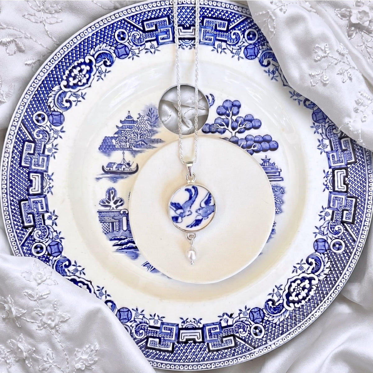 Romantic Love Birds Broken China Jewelry Necklace handmade with Vintage Blue Willow China & Sterling Silver