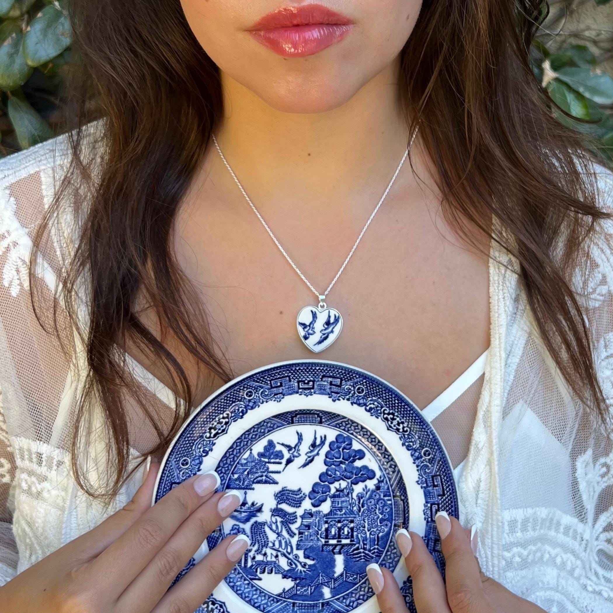 Blue Willow China Love Birds Heart Necklace Gift for 9th 18th 20th Anniversary, Romantic Blue and White Broken China Jewelry from Husband