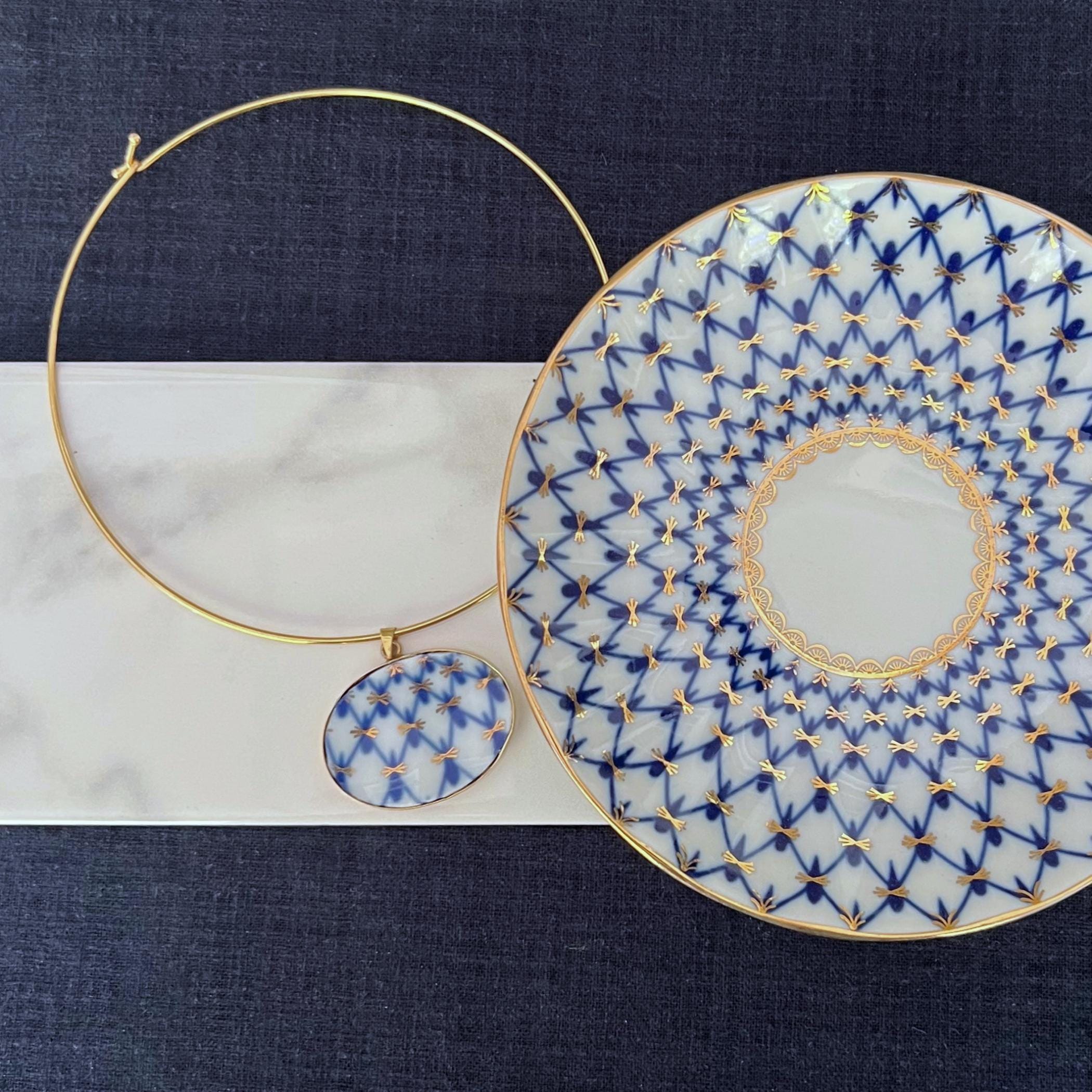 Lomonosov Porcelain Necklace with Unique Gold Blue and White Statement China Pendant, Dramatic Vintage China Jewelry Birthday Gift for Women