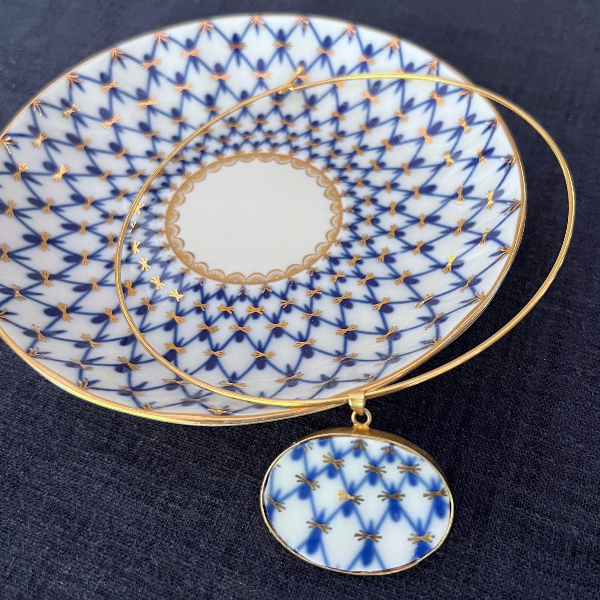 Lomonosov Porcelain Necklace with Unique Gold Blue and White Statement China Pendant, Dramatic Vintage China Jewelry Birthday Gift for Women