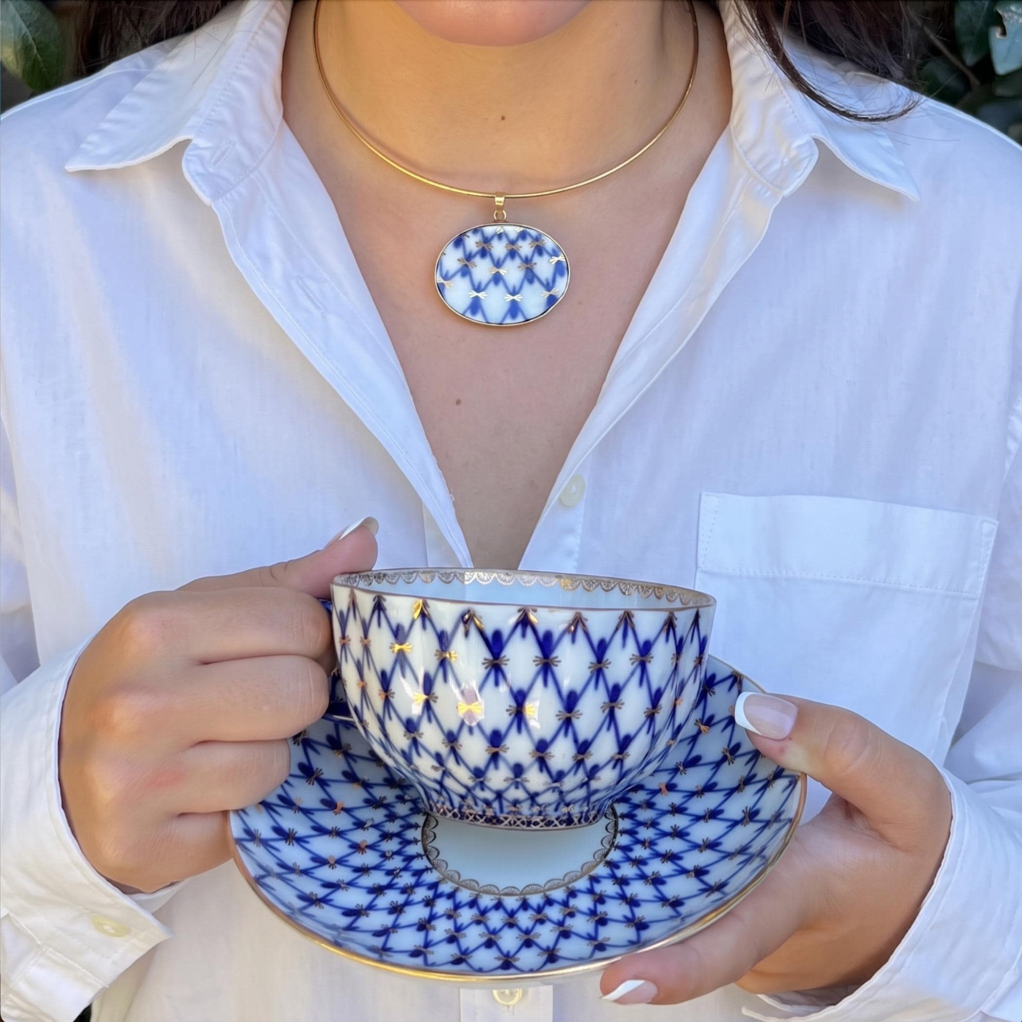 Lomonosov Porcelain Necklace with Unique Gold Blue and White Statement China Pendant, Dramatic Vintage China Jewelry Birthday Gift for Women