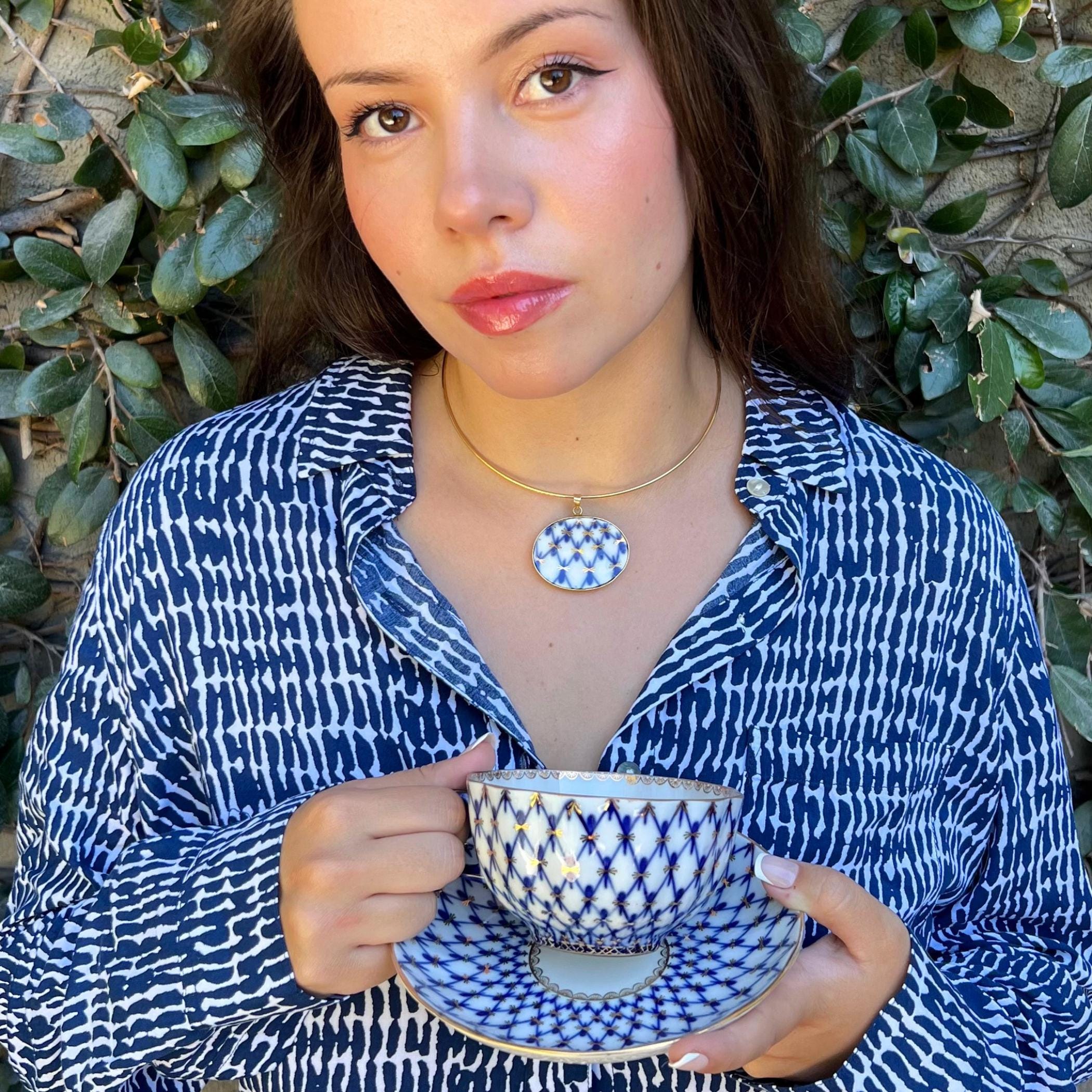 Lomonosov Porcelain Necklace with Unique Gold Blue and White Statement China Pendant, Dramatic Vintage China Jewelry Birthday Gift for Women