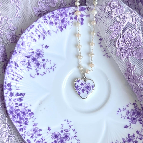 Rare Shelley Dainty Purple Flower Heart China Pendant Necklace, Unique Sterling Silver Vintage China Jewelry 18th Anniversary Gift for Women