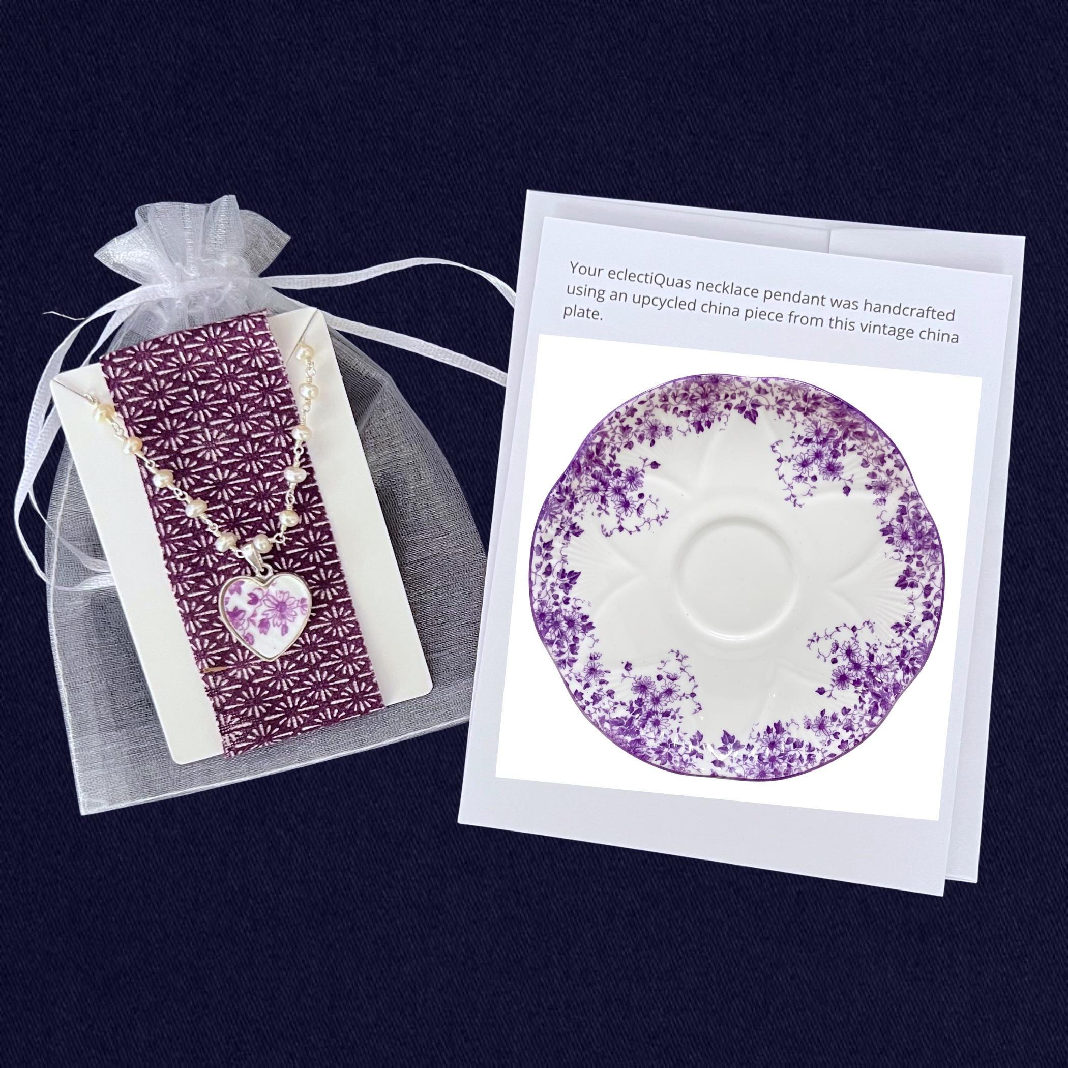 Rare Shelley Dainty Purple Flower Heart China Pendant Necklace, Unique Sterling Silver Vintage China Jewelry 18th Anniversary Gift for Women