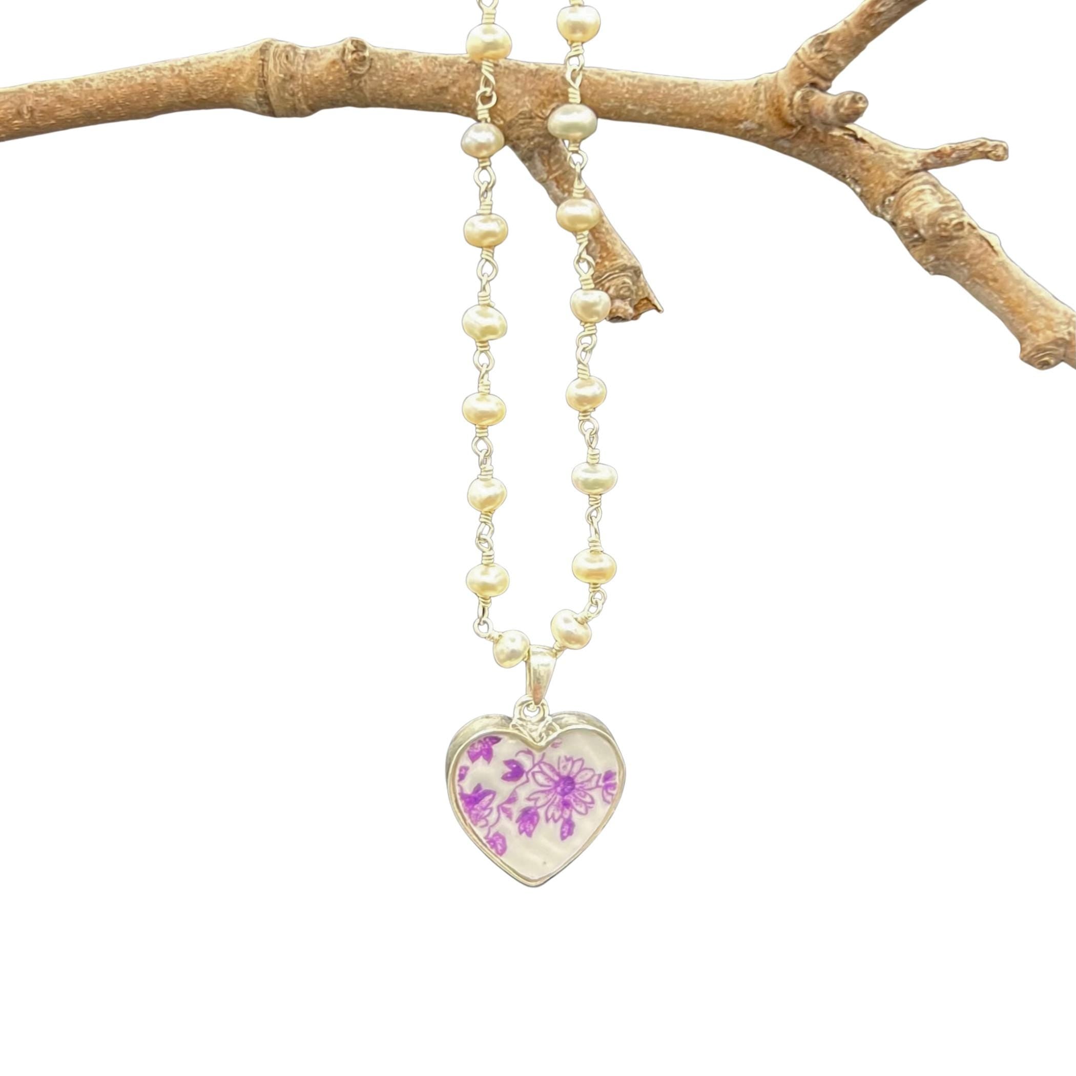 Rare Shelley Dainty Purple Flower Heart China Pendant Necklace, Unique Sterling Silver Vintage China Jewelry 18th Anniversary Gift for Women
