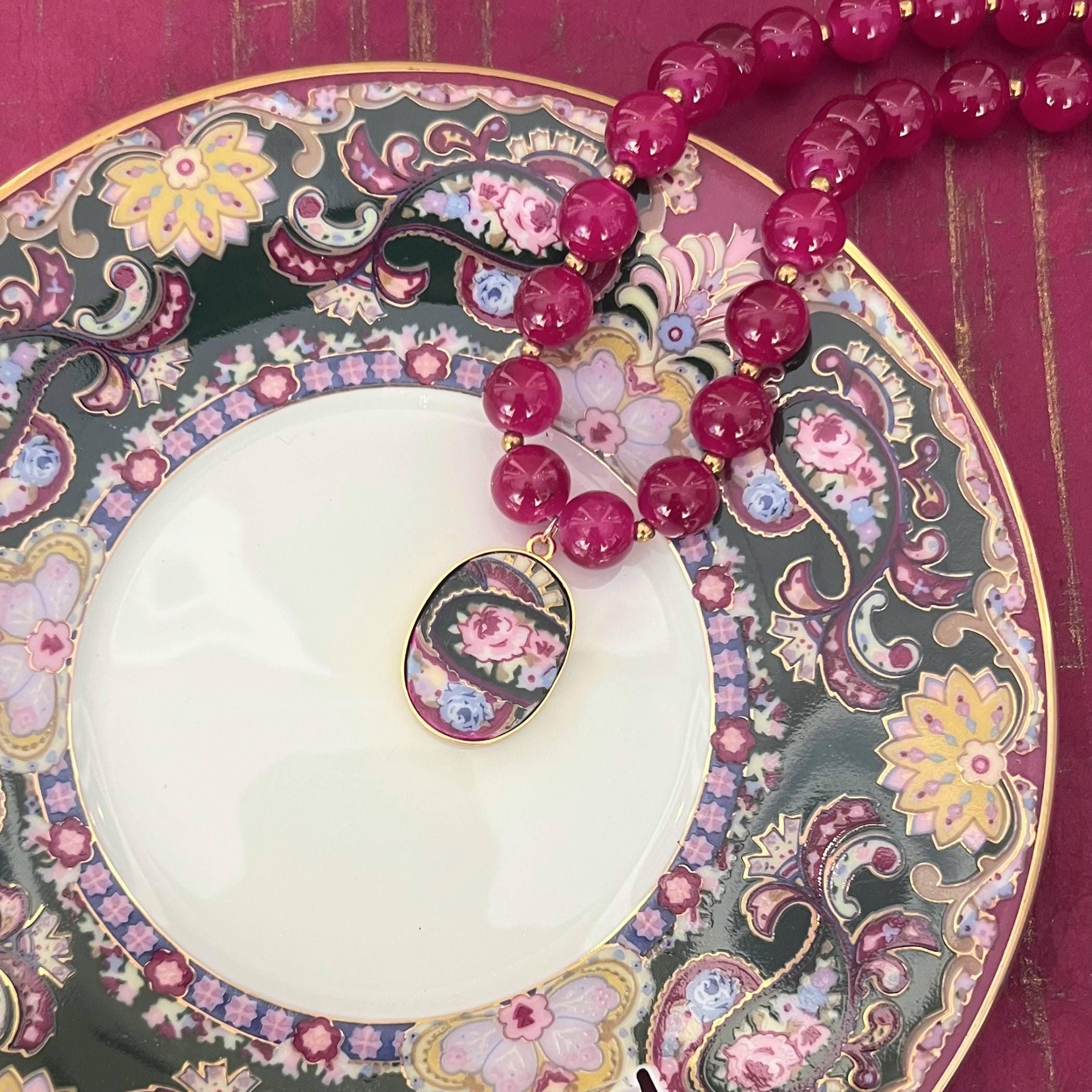 Autumn Broken China Jewelry Rose Pendant with Chunky Burgundy Beaded Necklace, Vintage Inspired Statement Fall Necklace Thoughtful Gift