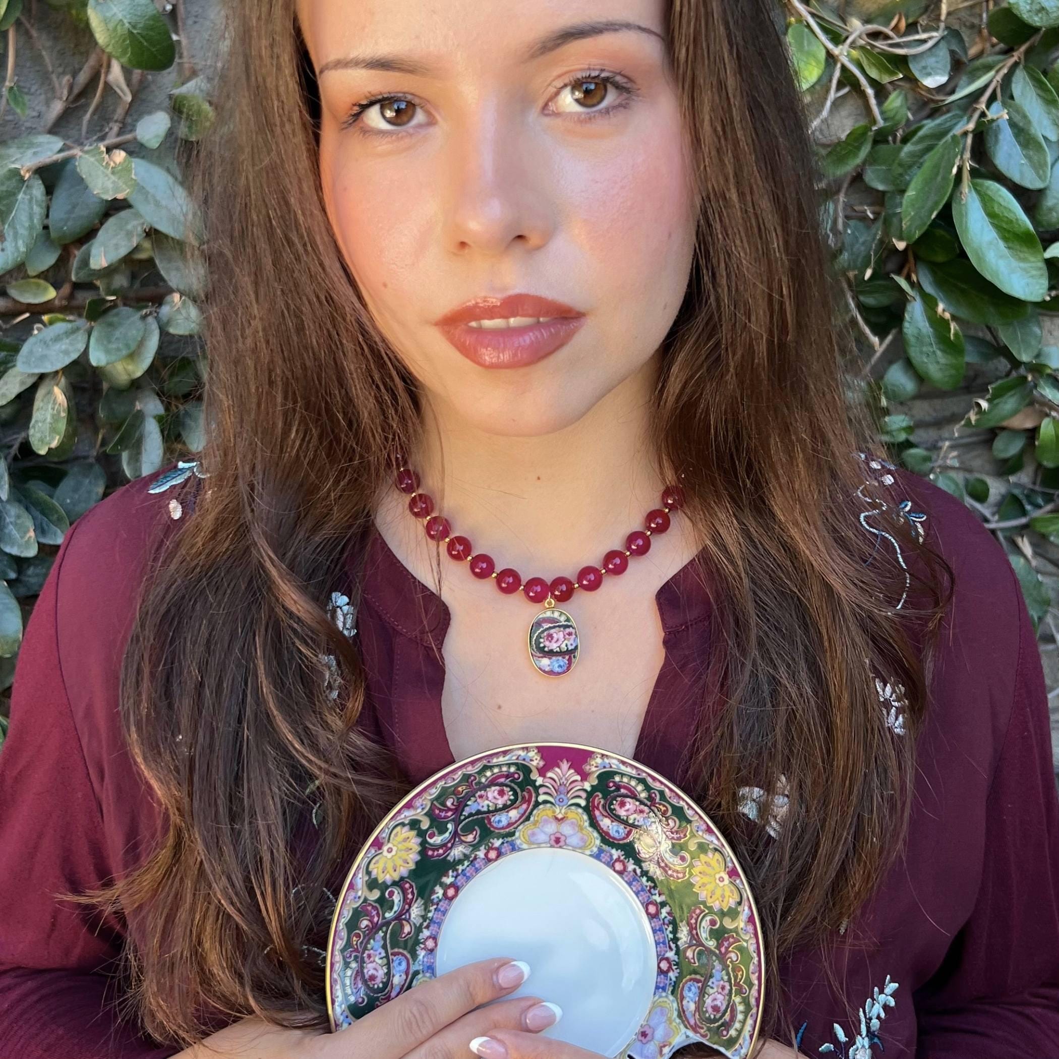 Autumn Broken China Jewelry Rose Pendant with Chunky Burgundy Beaded Necklace, Vintage Inspired Statement Fall Necklace Thoughtful Gift