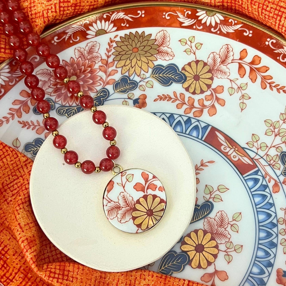 Autumn Gold Floral Porcelain Pendant with Carnelian Necklace, Bold Flower Statement Upcycled Porcelain Jewelry Fall Birthday Gift for Women