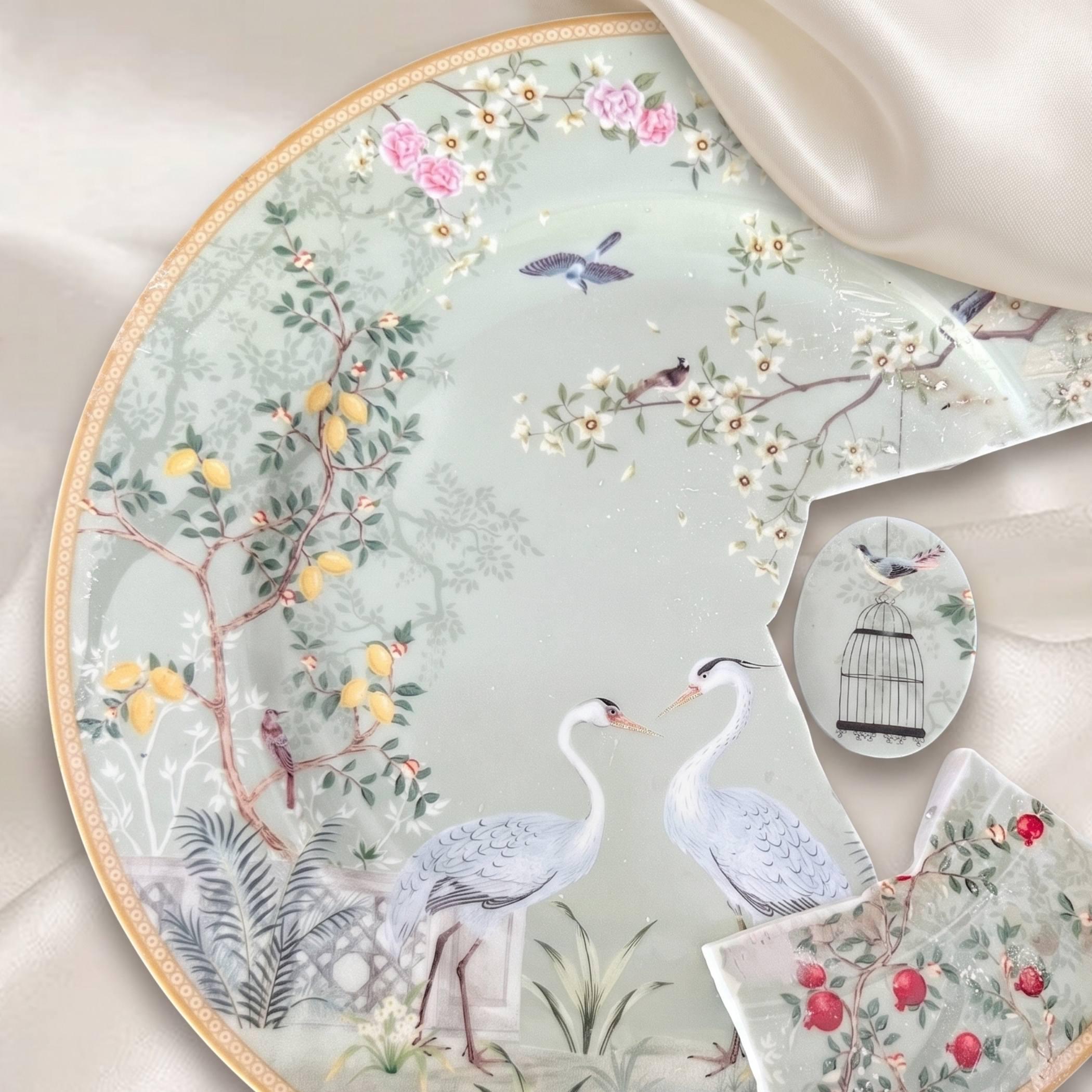 Green Moonstone Necklace with Chinoiserie Bird China Pendant, One of a Kind Broken China Jewelry Gift for Her Birthday Anniversary Christmas