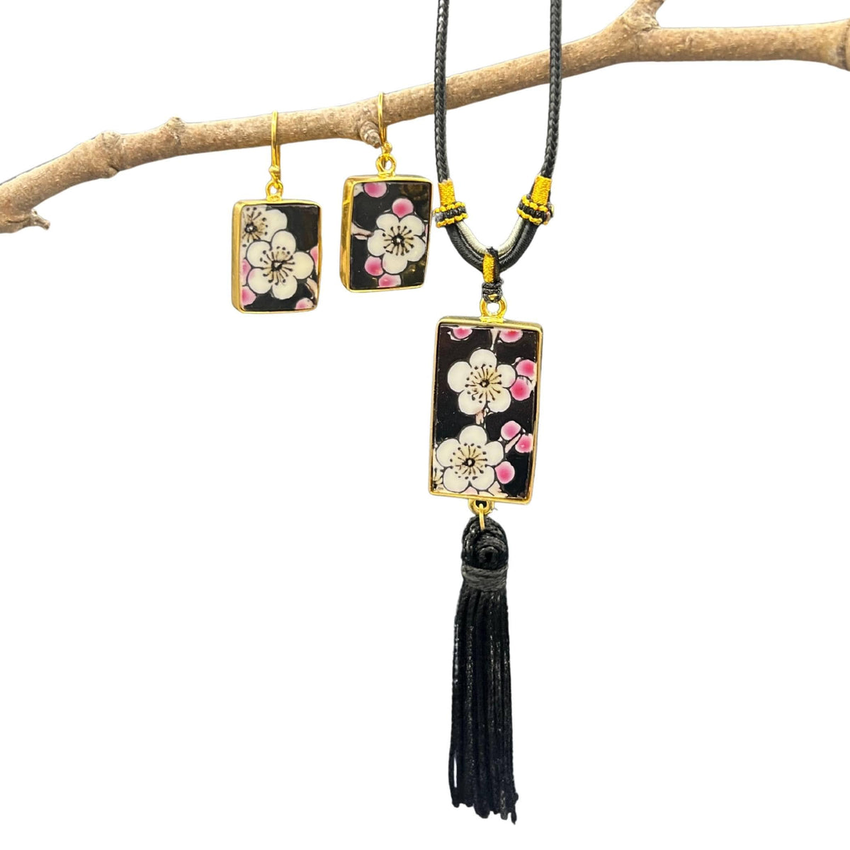 Upcycled Porcelain Earrings & Pendant with Long Tassel Necklace, Asian Inspired Statement Vintage Eclectic Jewelry Set, Autumn Birthday Gift