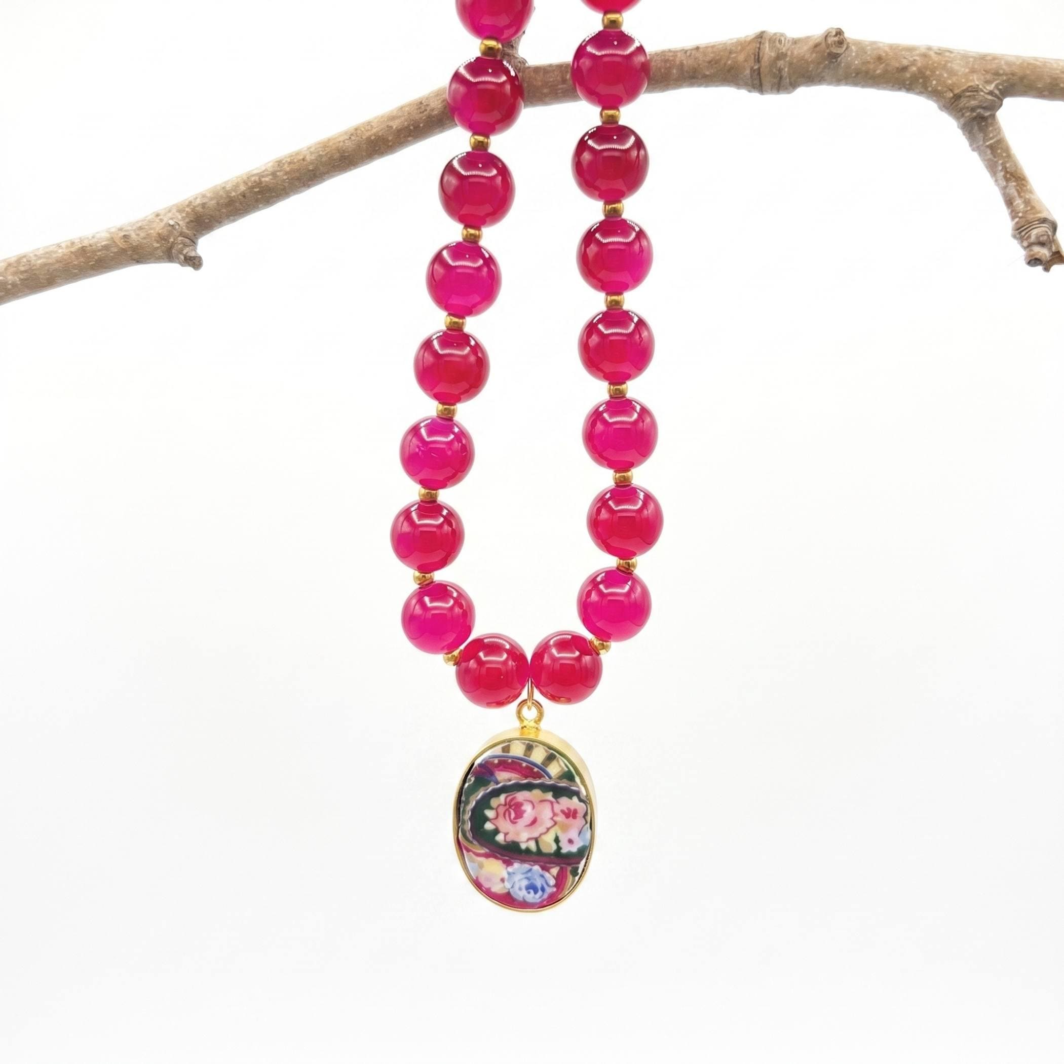 Autumn Broken China Jewelry Rose Pendant with Chunky Burgundy Beaded Necklace, Vintage Inspired Statement Fall Necklace Thoughtful Gift