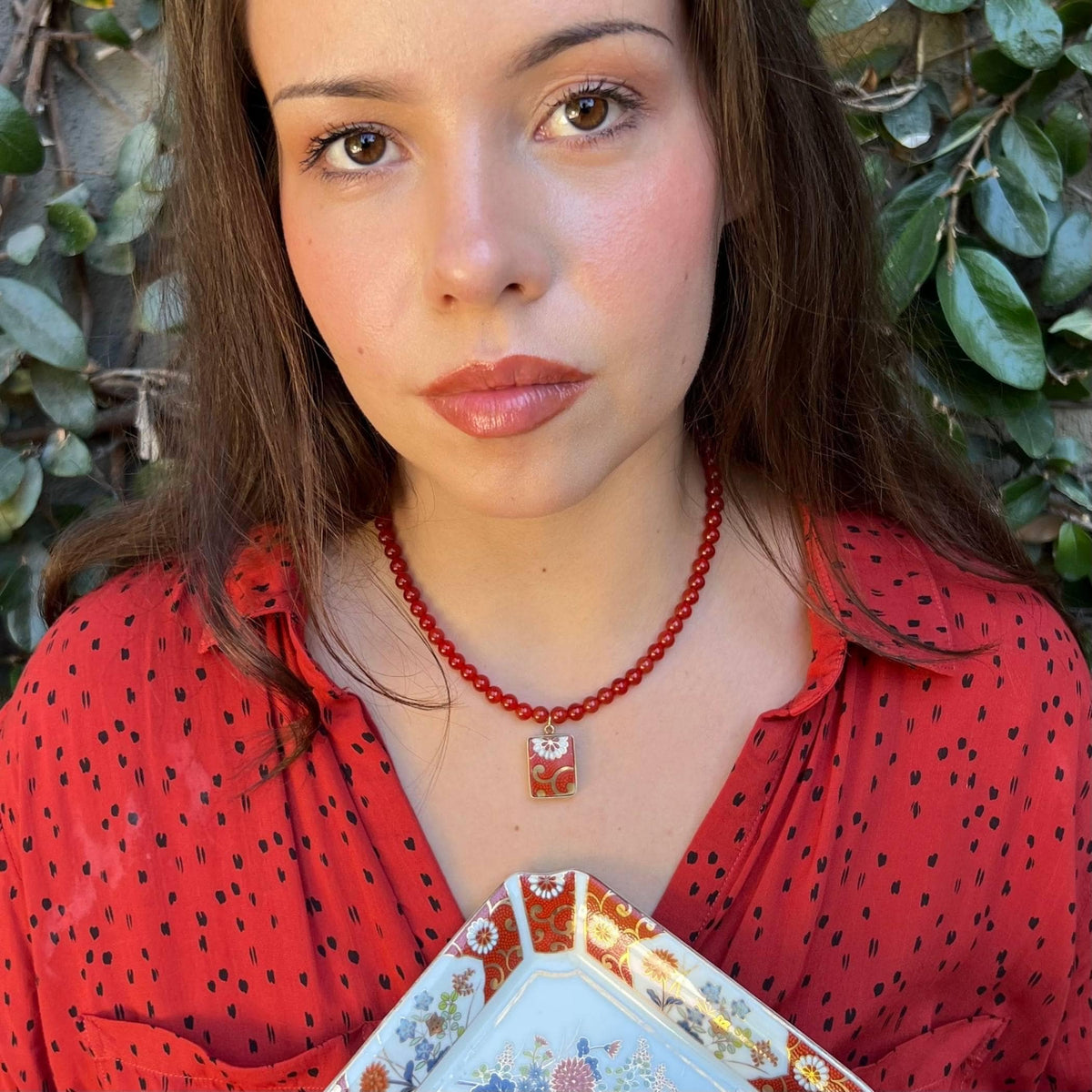 Autumn Porcelain Pendant with Carnelian Necklace upcycled with Japanese Kutani, Gold & Orange Flower Eclectic Jewelry Fall Birthday Gift