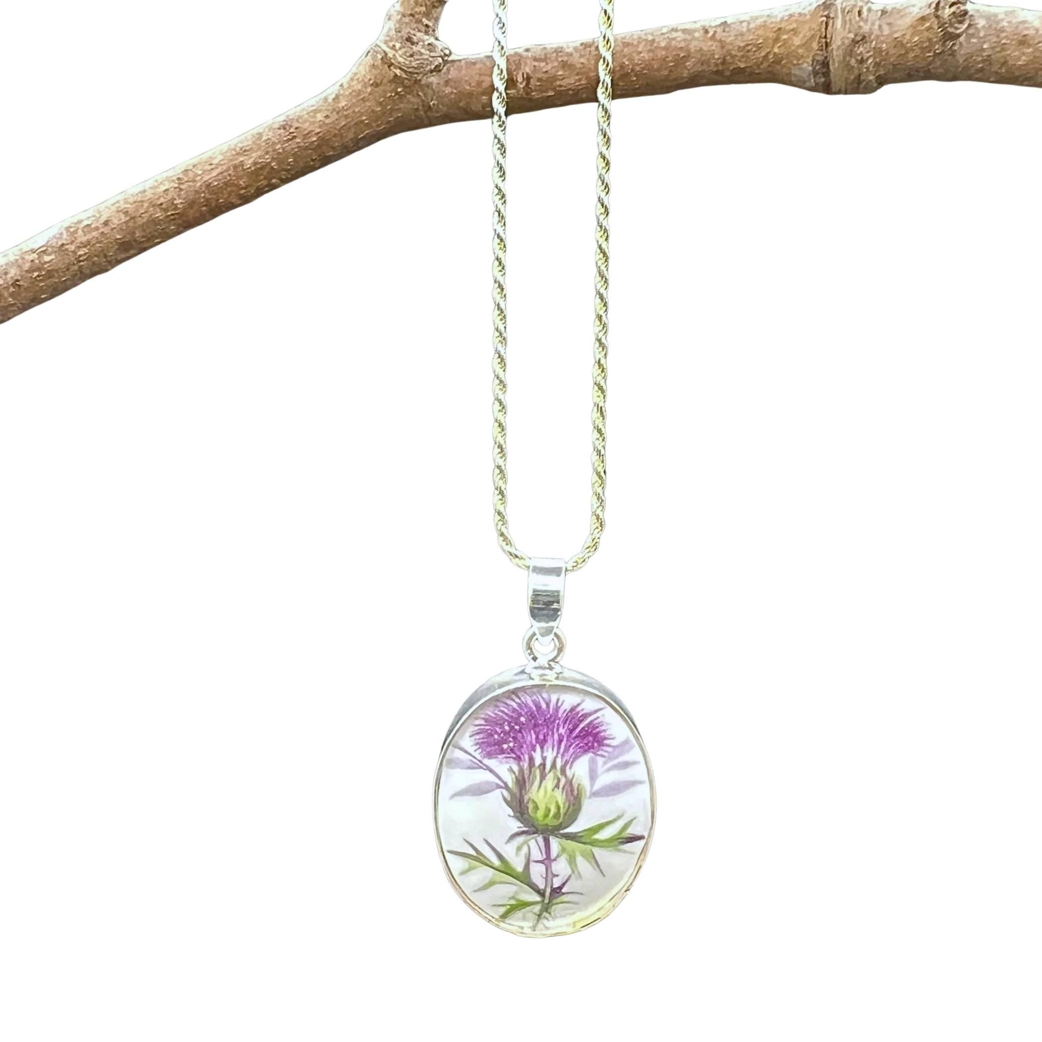 Scottish Thistle Necklace handmade from Upcycled China & Sterling Silver, Purple Flower China Jewelry Gift Idea for St Andrews Day Birthday