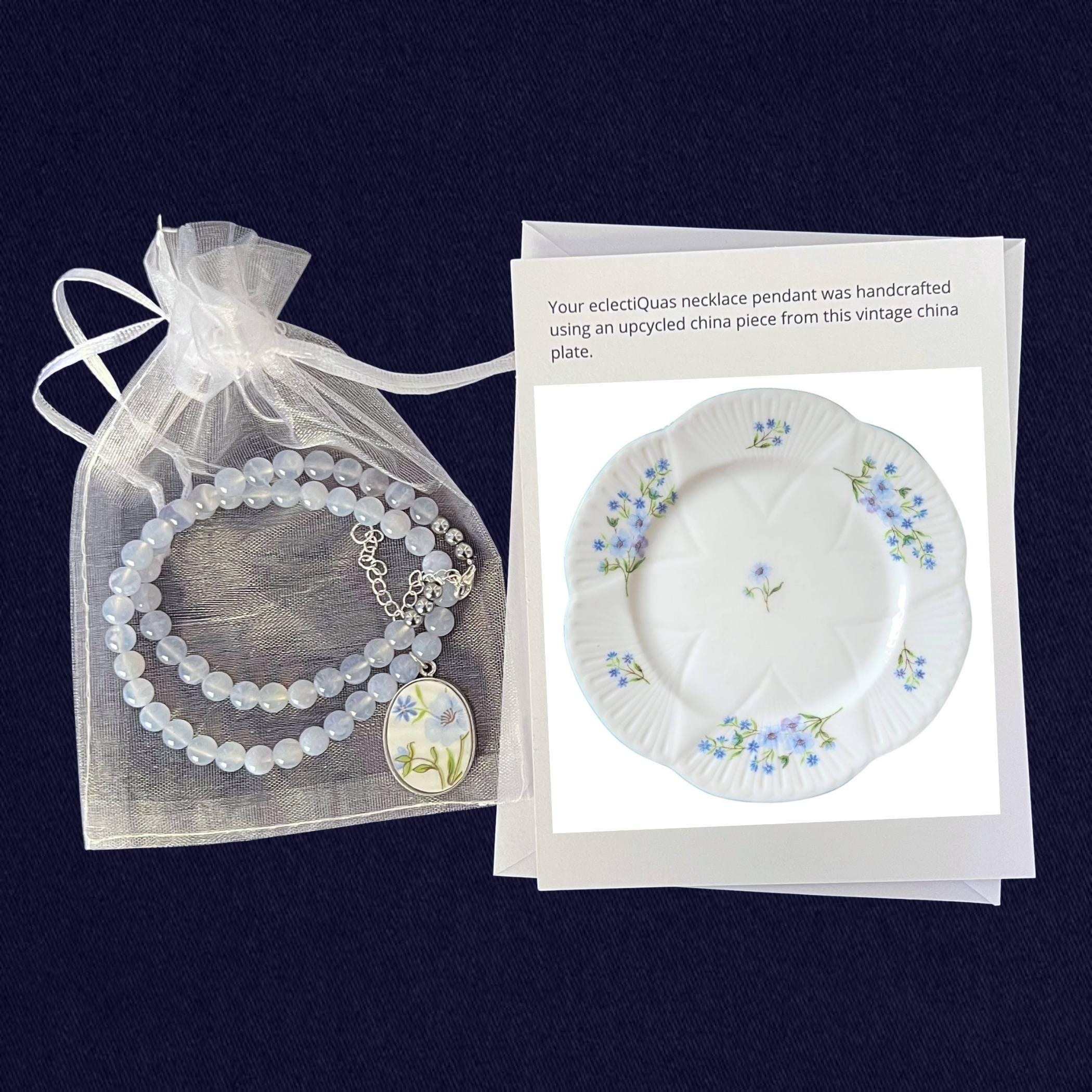 Shelley Dainty Blue Rock Sterling Silver & Blue Chalcedony Necklace with Upcycled China Pendants, Broken China Jewelry 20th Anniversary Gift