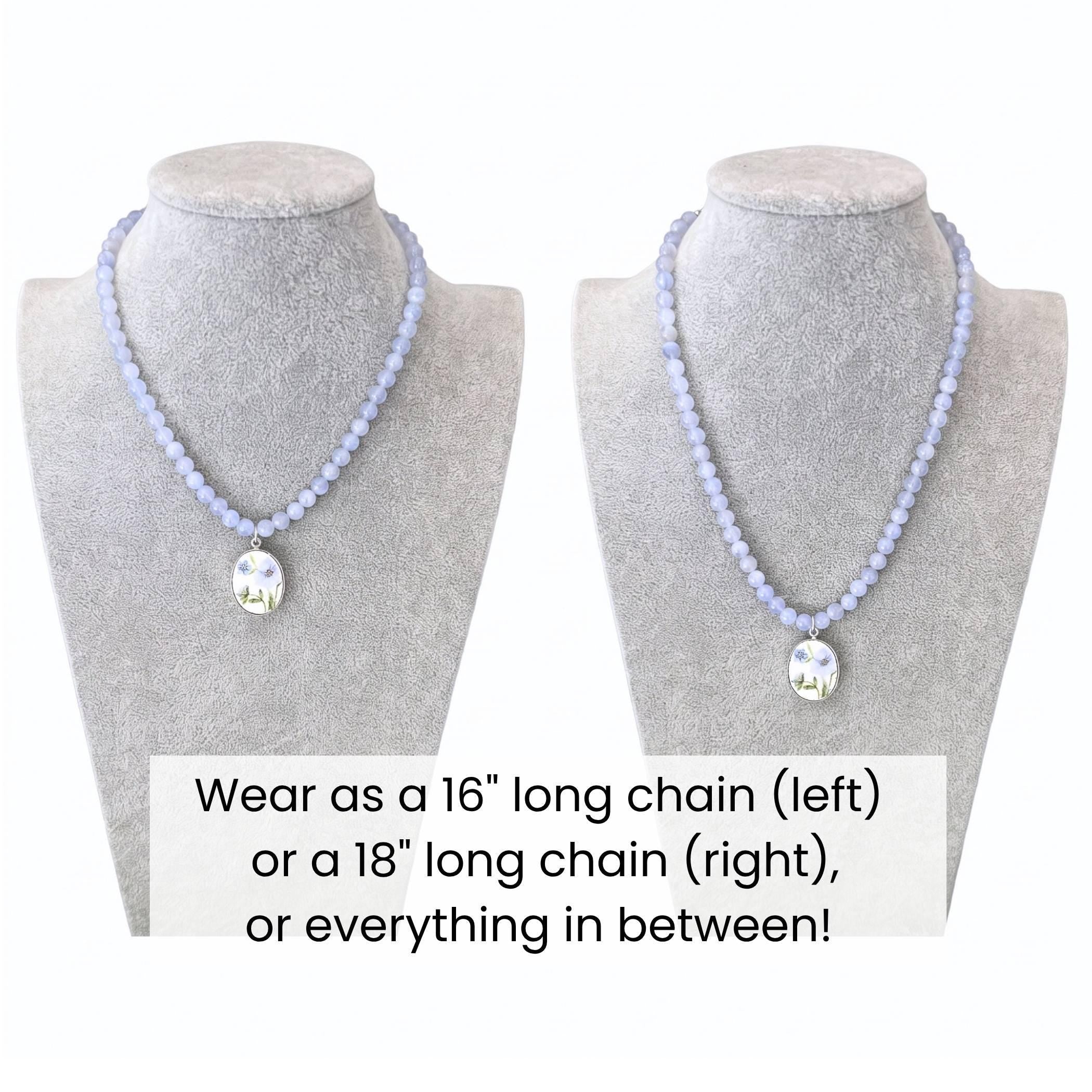 Shelley Dainty Blue Rock Sterling Silver & Blue Chalcedony Necklace with Upcycled China Pendants, Broken China Jewelry 20th Anniversary Gift