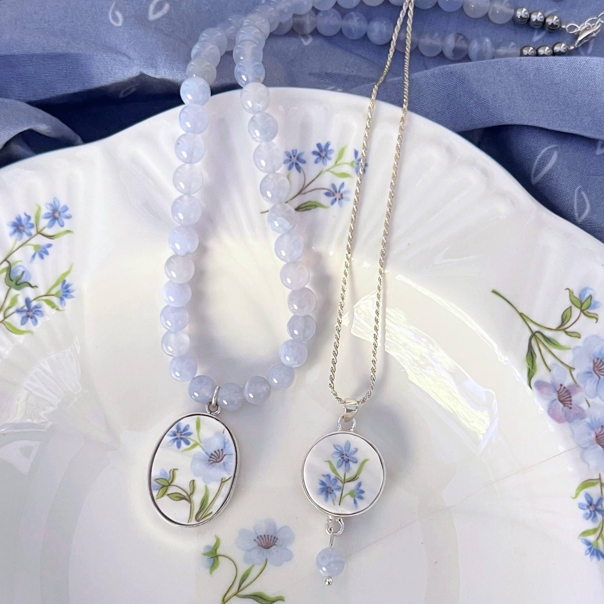Shelley Dainty Blue Rock Sterling Silver & Blue Chalcedony Necklace with Upcycled China Pendants, Broken China Jewelry 20th Anniversary Gift