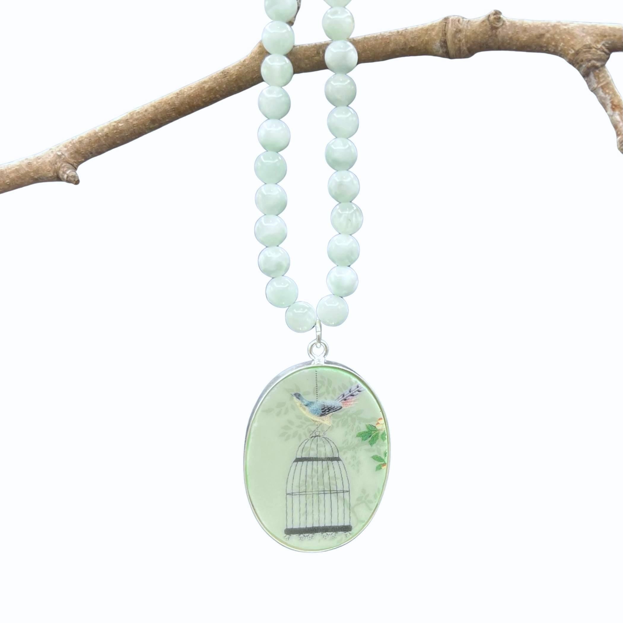 Green Moonstone Necklace with Chinoiserie Bird China Pendant, One of a Kind Broken China Jewelry Gift for Her Birthday Anniversary Christmas