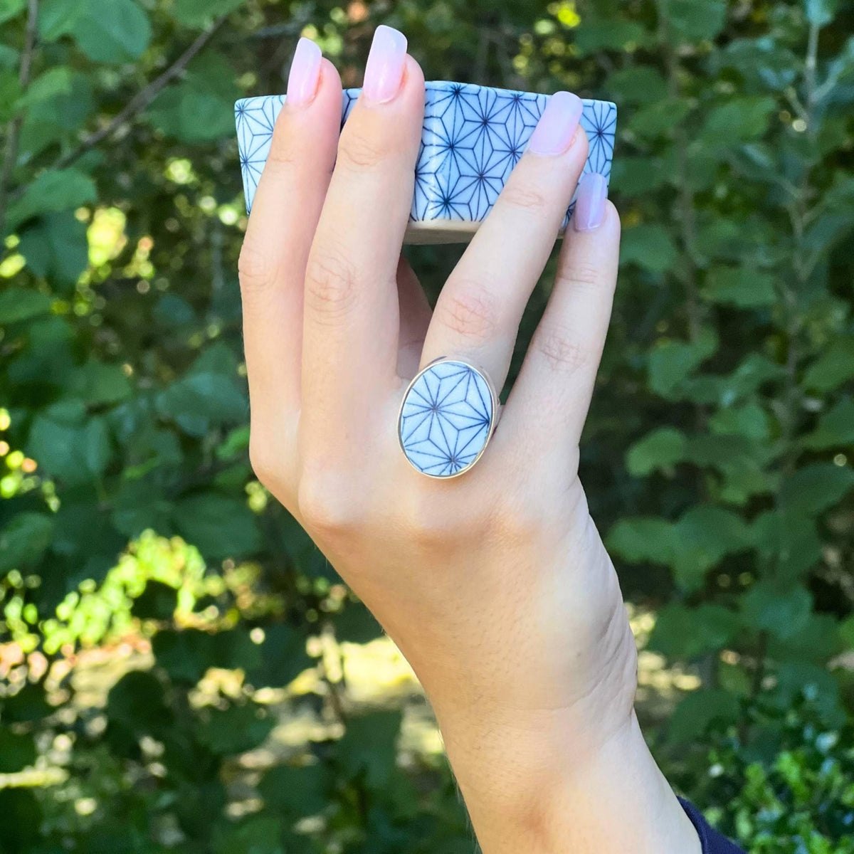 Blue & White Asanoha Porcelain Ring handmade with Japanese Ceramics, Statement Chunky Ring, Artisan Made Jewelry Gift for Japanophile