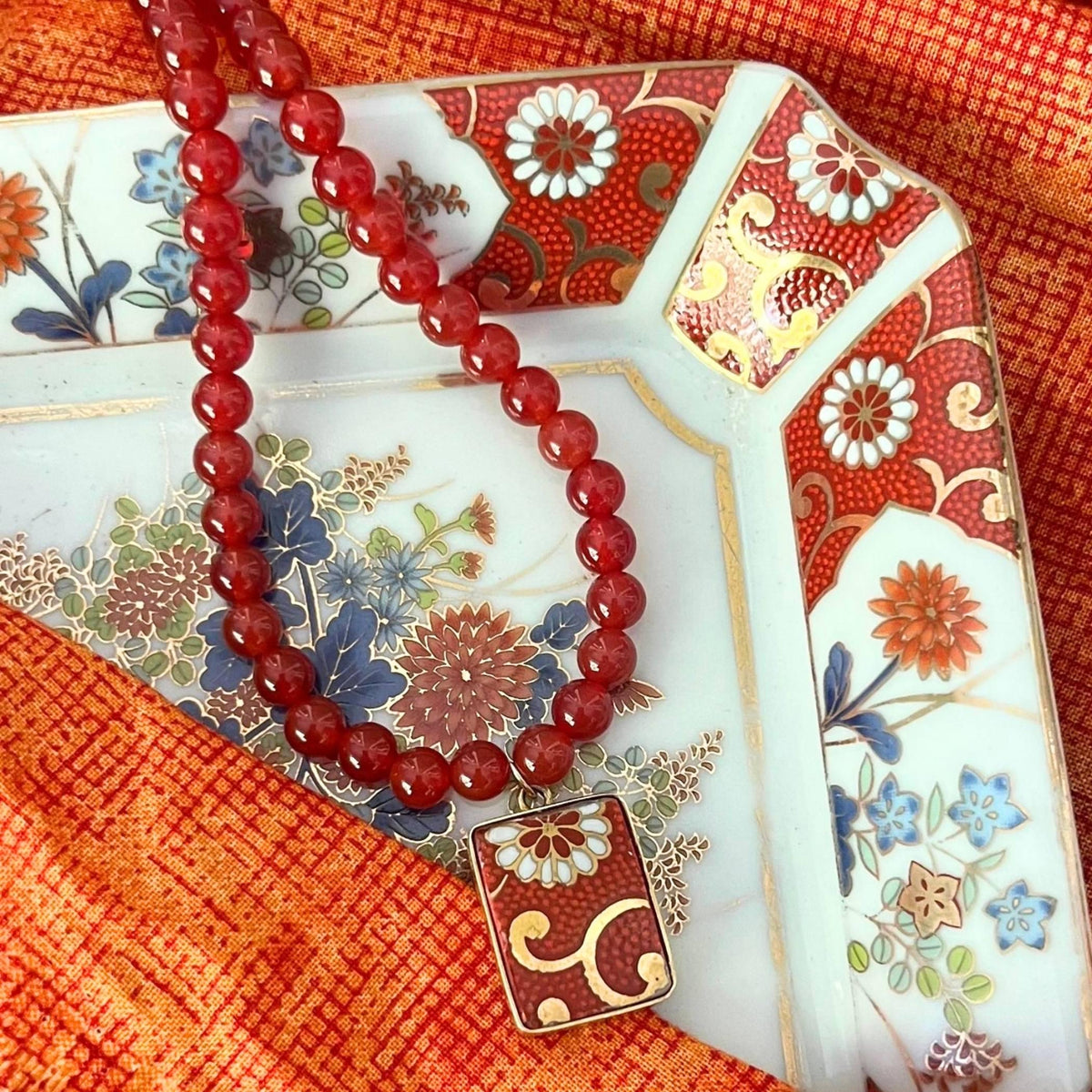 Autumn Porcelain Pendant with Carnelian Necklace upcycled with Japanese Kutani, Gold & Orange Flower Eclectic Jewelry Fall Birthday Gift