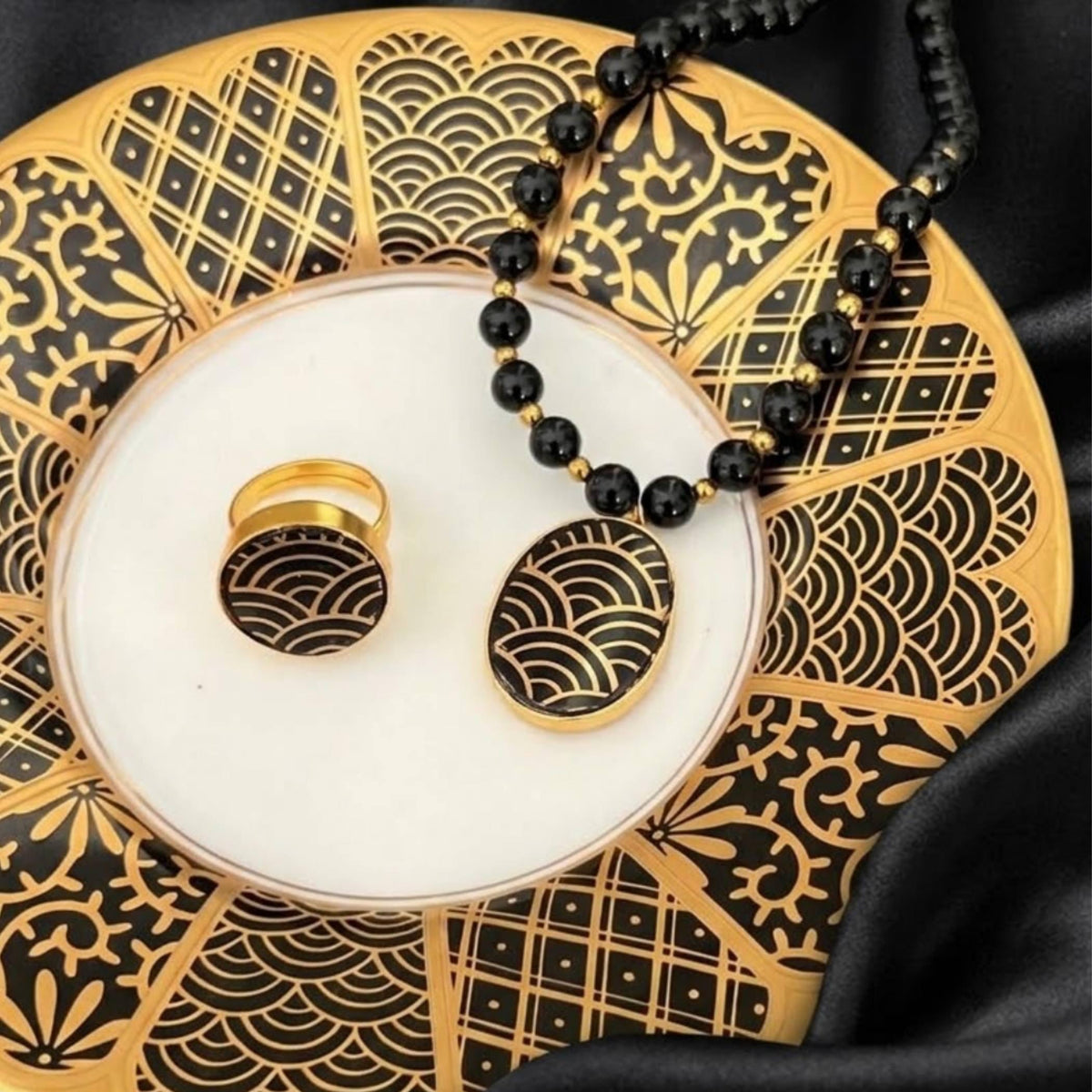 Fall Beaded Black Onyx Necklace with Black Gold Seigaiha Porcelain Pendant & Upcycled China Ring Set, Modern Vintage Porcelain Jewelry Gift