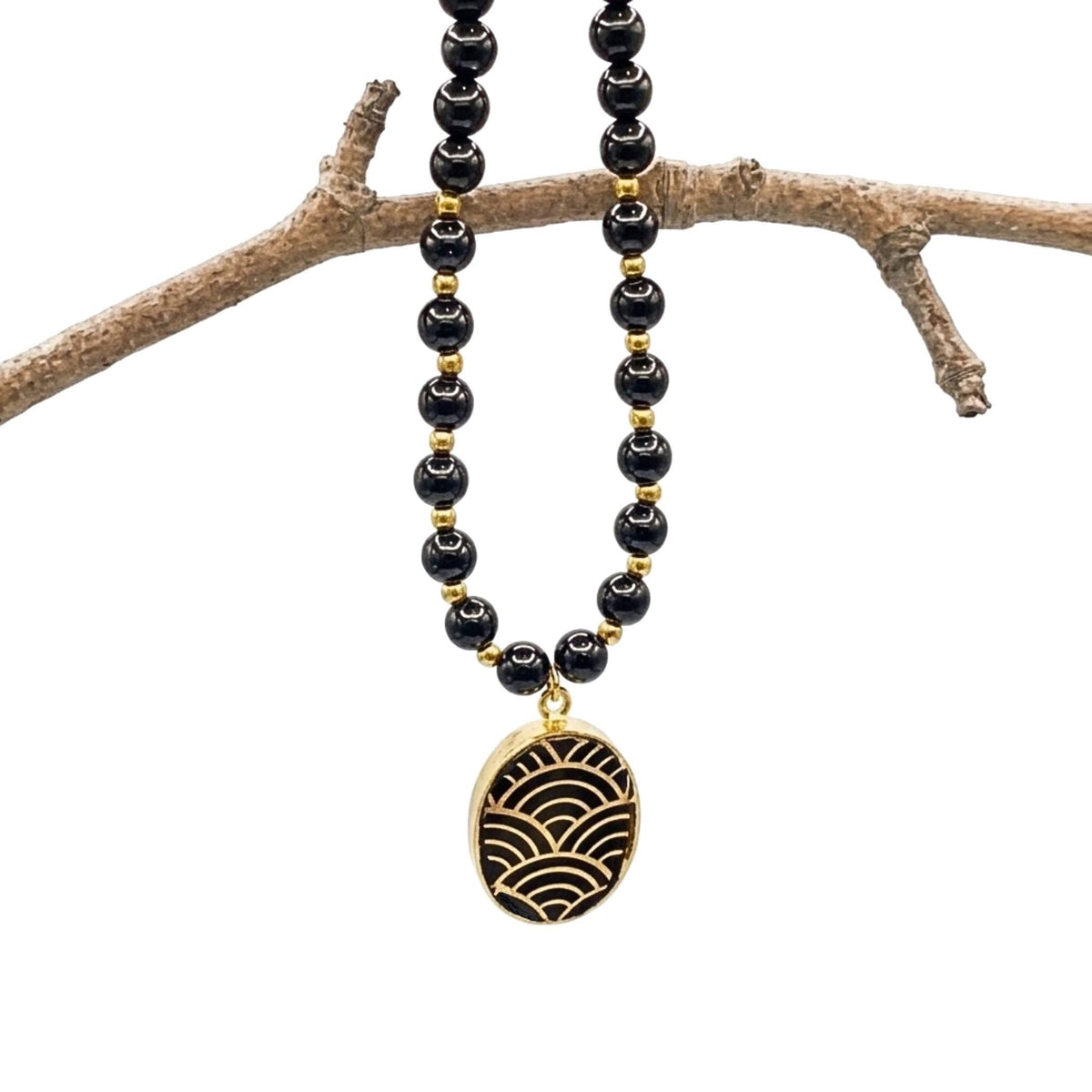 Fall Beaded Black Onyx Necklace with Black Gold Seigaiha Porcelain Pendant & Upcycled China Ring Set, Modern Vintage Porcelain Jewelry Gift