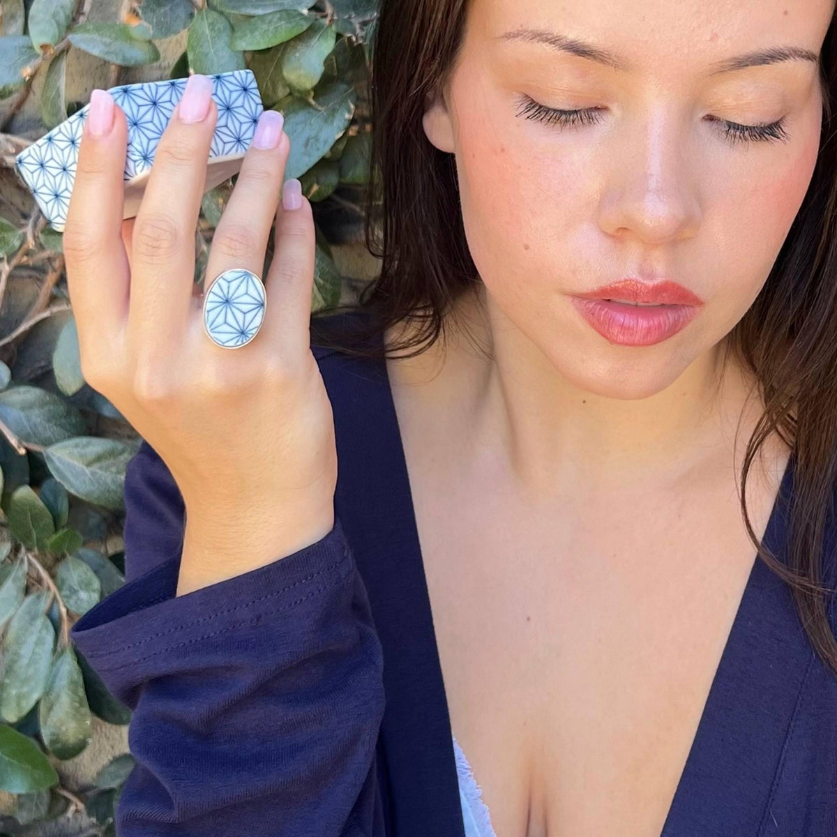Blue & White Asanoha Porcelain Ring handmade with Japanese Ceramics, Statement Chunky Ring, Artisan Made Jewelry Gift for Japanophile