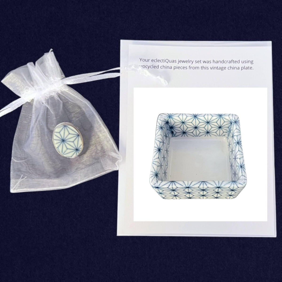 Blue & White Asanoha Porcelain Ring handmade with Japanese Ceramics, Statement Chunky Ring, Artisan Made Jewelry Gift for Japanophile