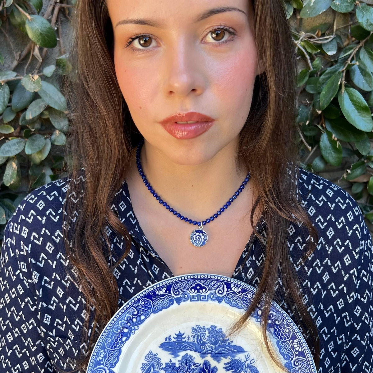 Dainty Blue Willow China Pendants with Sterling Silver or Lapis Lazuli Beaded Necklace, Blue and White Broken China Jewelry Christmas Gift