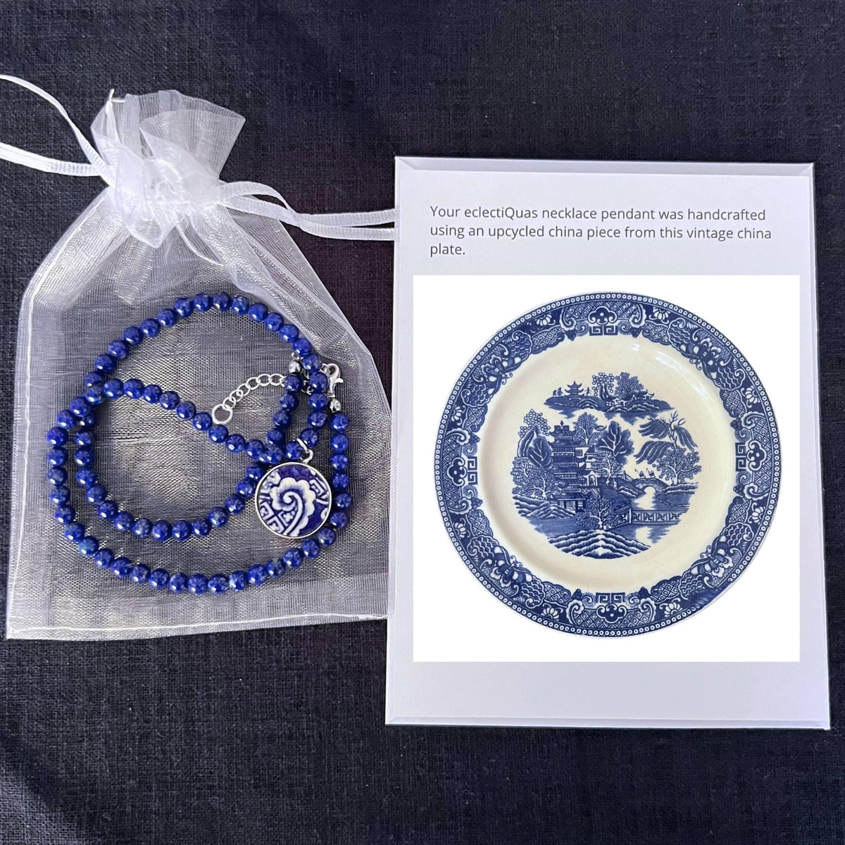 Dainty Blue Willow China Pendants with Sterling Silver or Lapis Lazuli Beaded Necklace, Blue and White Broken China Jewelry Christmas Gift