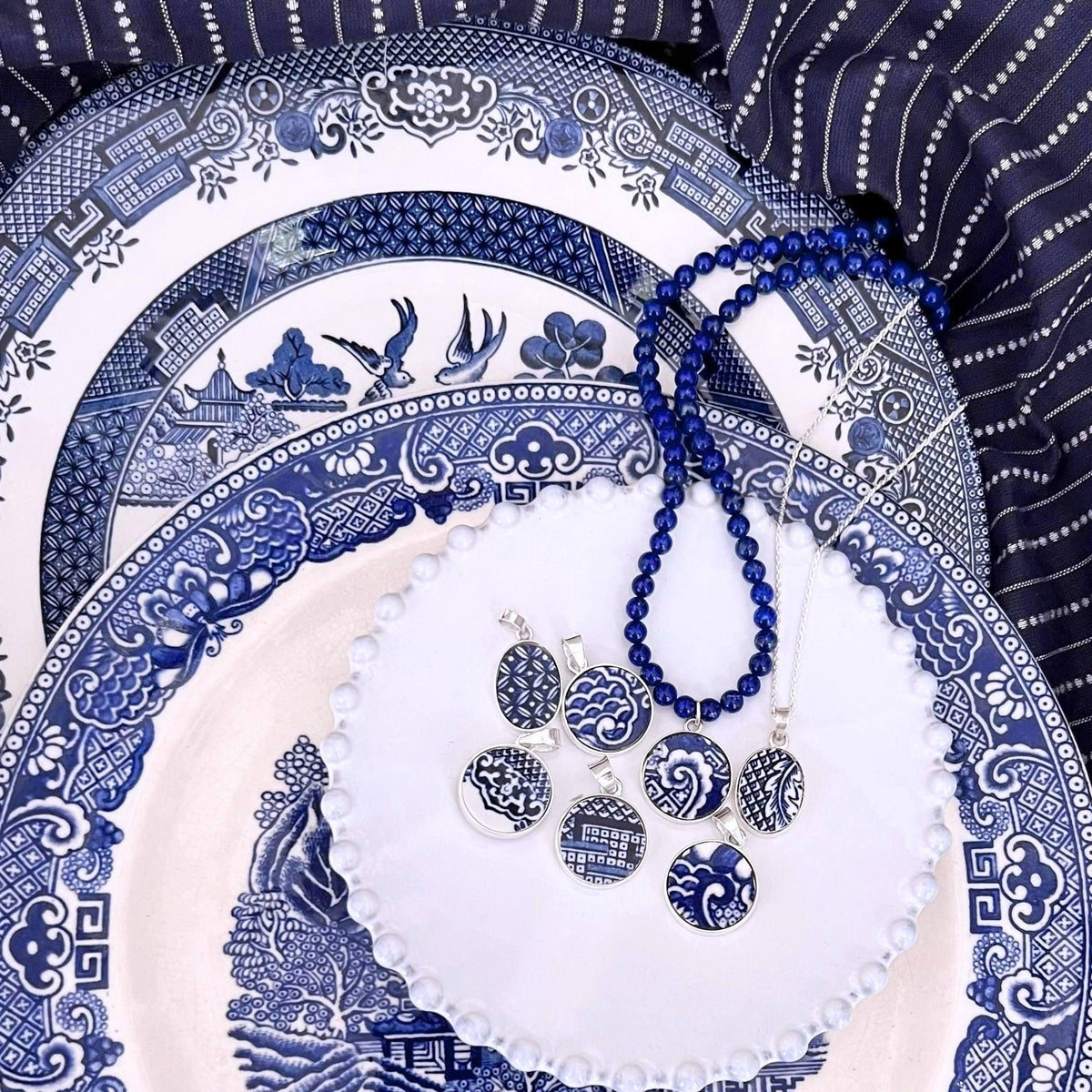 Dainty Blue Willow China Pendants with Sterling Silver or Lapis Lazuli Beaded Necklace, Blue and White Broken China Jewelry Christmas Gift