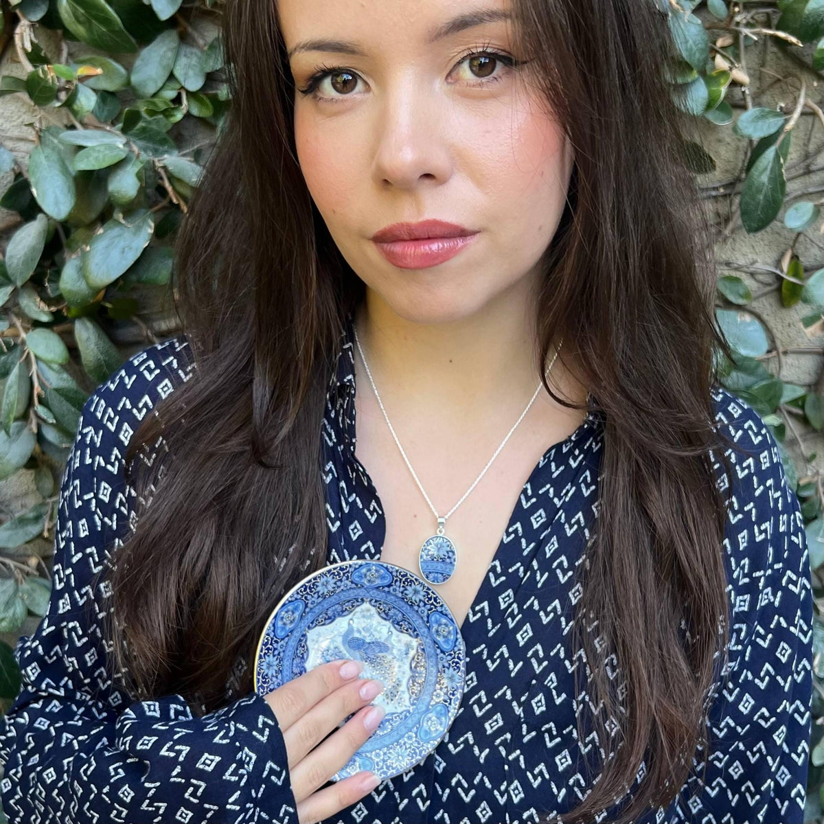 Intricate Blue Oval Egg Pendant Necklace handmade with Upcycled Porcelain & Sterling Silver