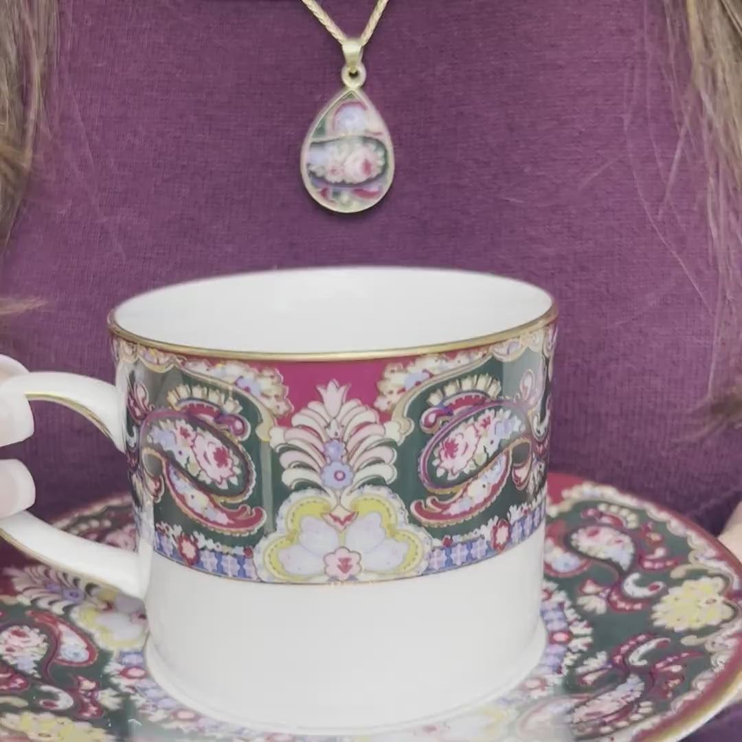 Vintage Muirfield Royal Paisley Fine Bone China Tea Cup and Saucer & Broken China Jewelry, Elegant Tea Set For One for Her This Christmas