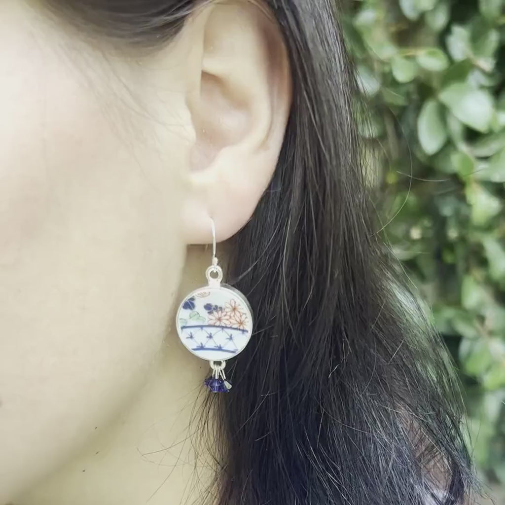 Upcycled Porcelain Earrings handmade with Vintage Japanese Imari China & Sterling Silver