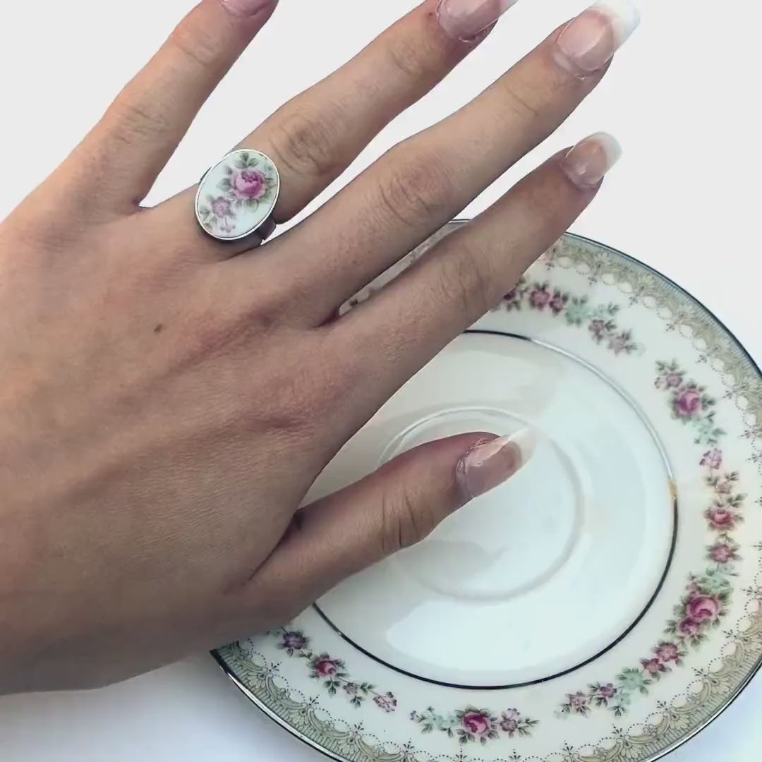 Victorian Inspired Rose China Ring handmade with Upcycled Porcelain