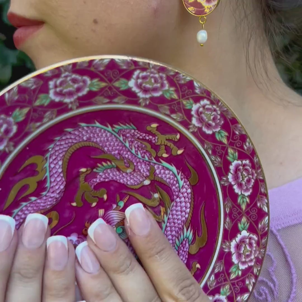 Intricate Peony China Earrings handmade with Arita Imari Porcelain