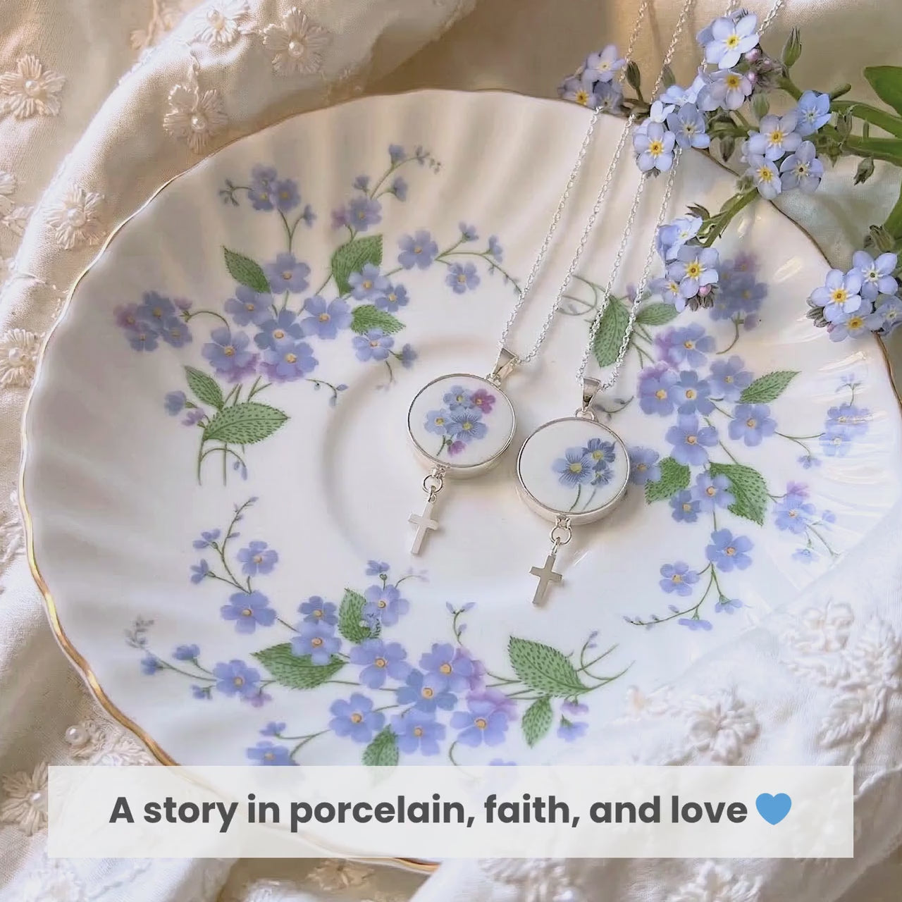 Unique Cross Necklace with Vintage Forget Me Not China Pendant, Dainty Sterling Silver Christian Crucifix China Jewelry Gift for Women