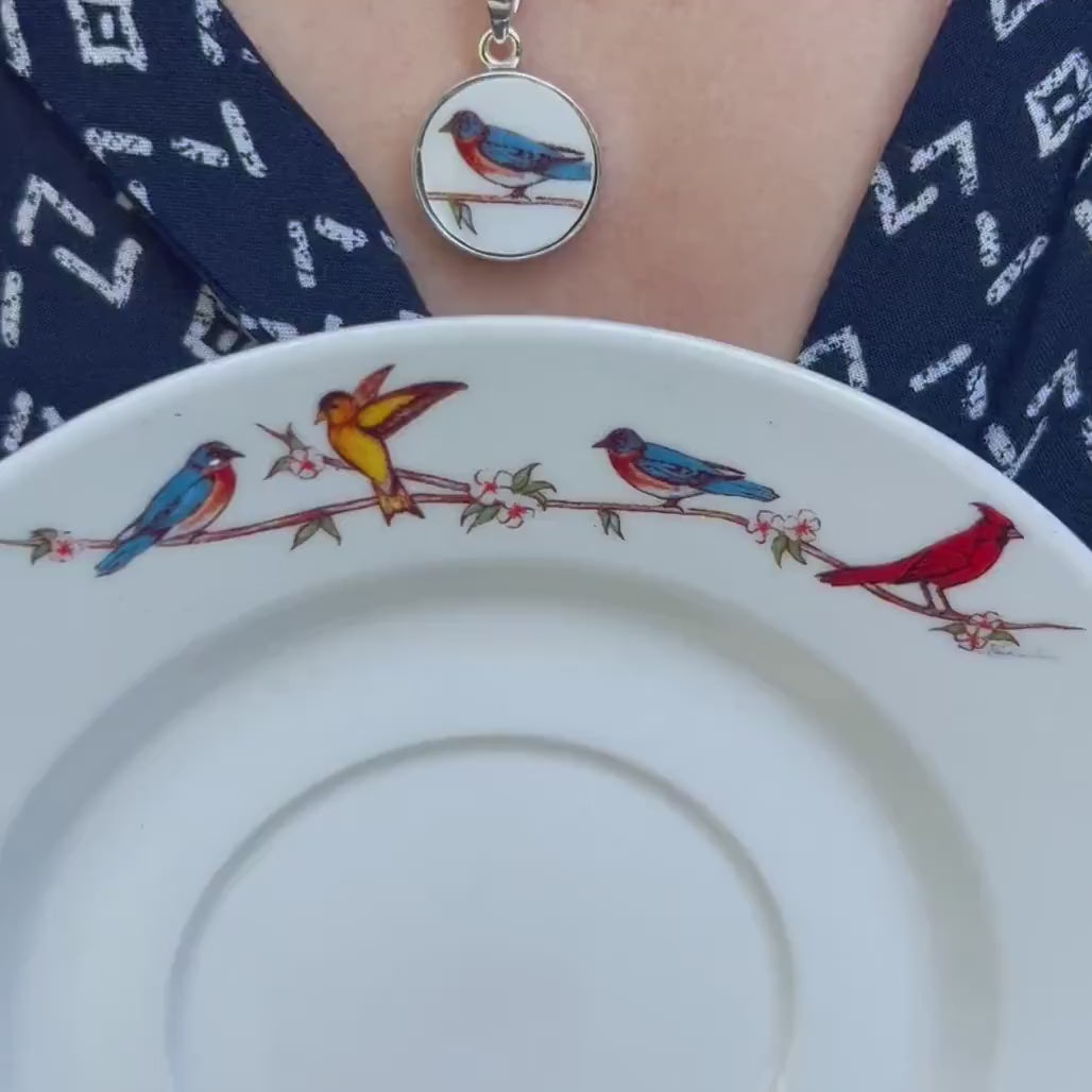 Vintage Blue Robin Necklace handmade with Repurposed China