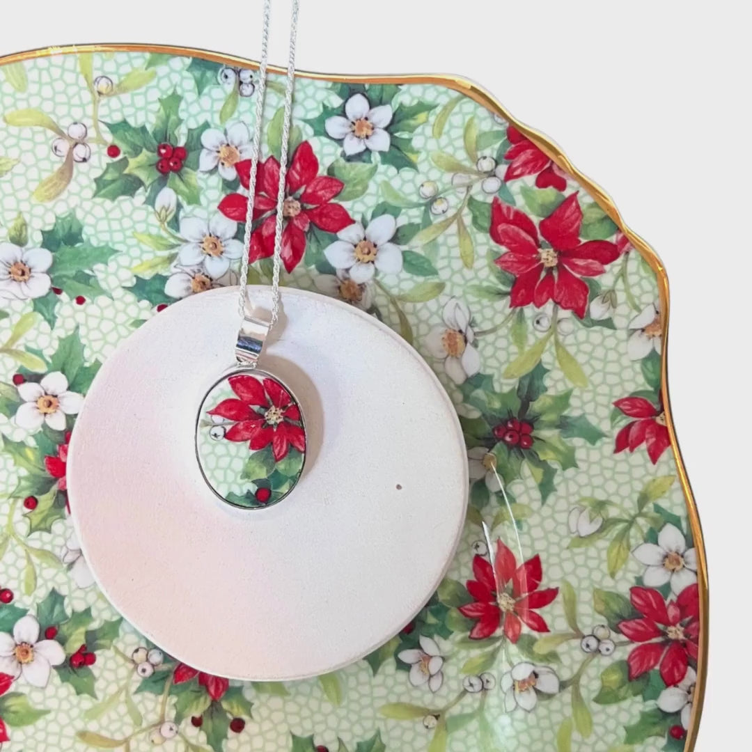Christmas Poinsettia China Necklace handcrafted with Vintage Royal Winton Chintz China, Red Flower Broken China Jewelry Holiday Gift for Her