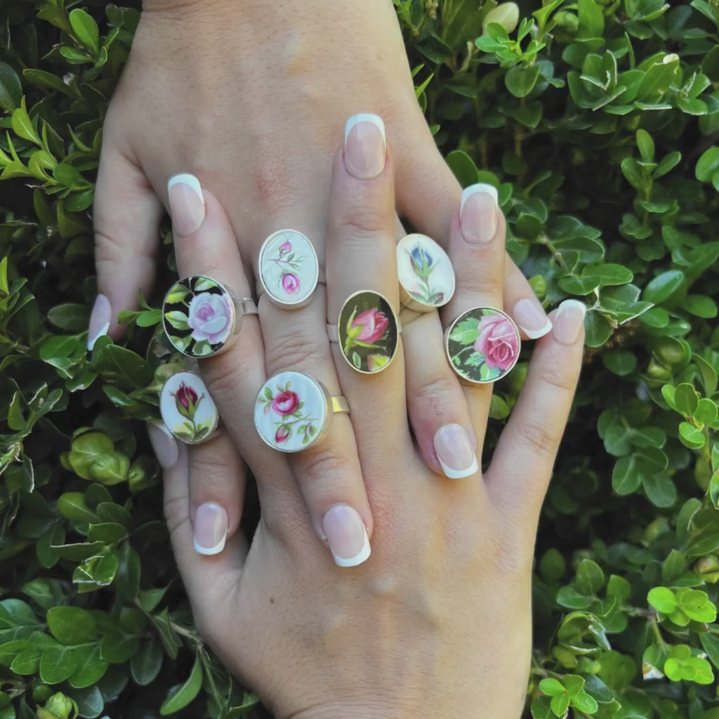 Vintage Royal Albert Rose Broken China Jewelry Rings handcrafted from Repurposed China & Sterling Silver for Her 18th 20th 30th Anniversary