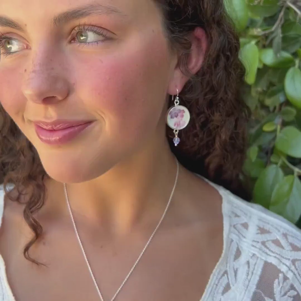 One of a Kind China Earrings handmade with Vintage Pink and Lavender Flower Upcycled Porcelain