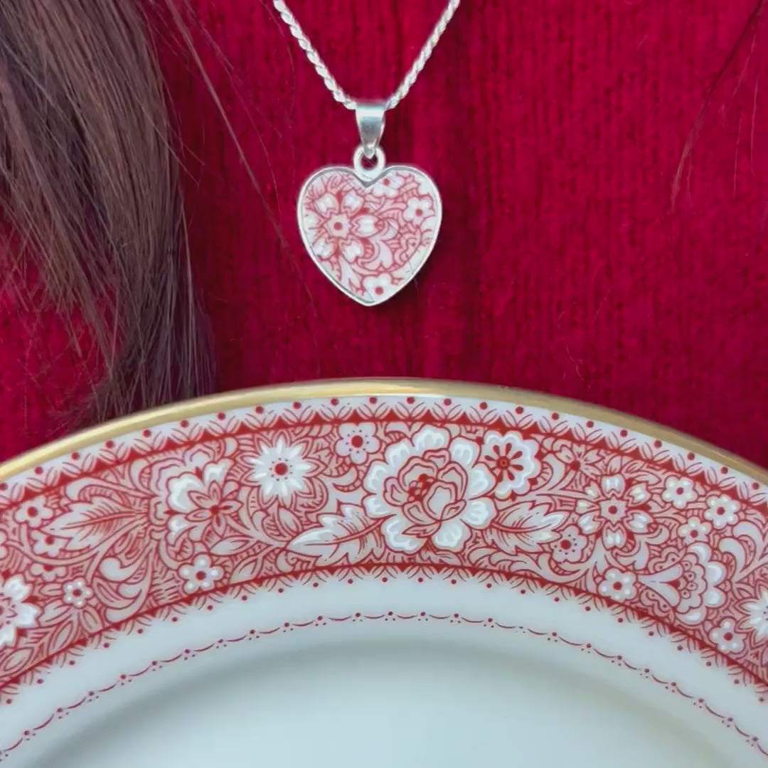 Valentines Dainty Heart China Necklace handmade with Upcycled Red and White Floral Porcelain & Sterling Silver, Broken China Jewelry Gift