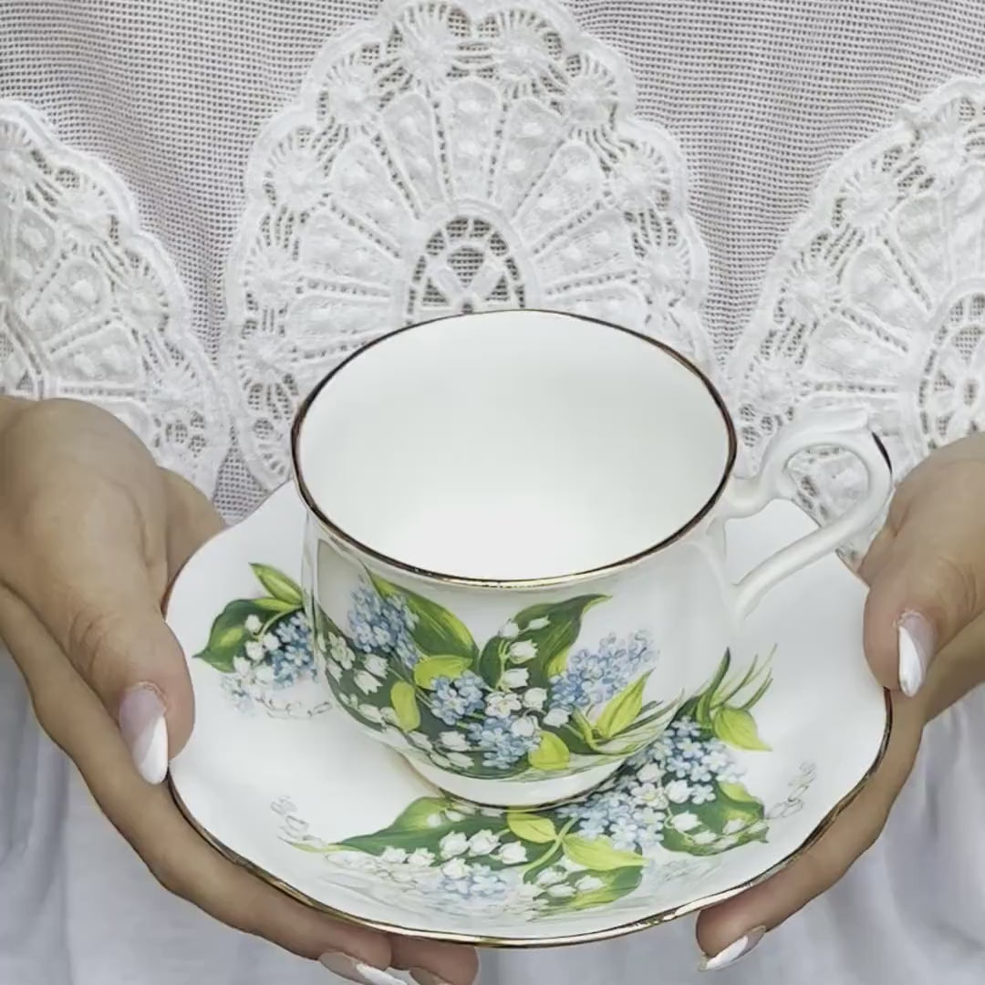 Vintage Royal Albert Broken China Jewelry with Fine Bone China Tea Cup and Saucer featuring Lily of the Valley & Forget Me Not Flower China